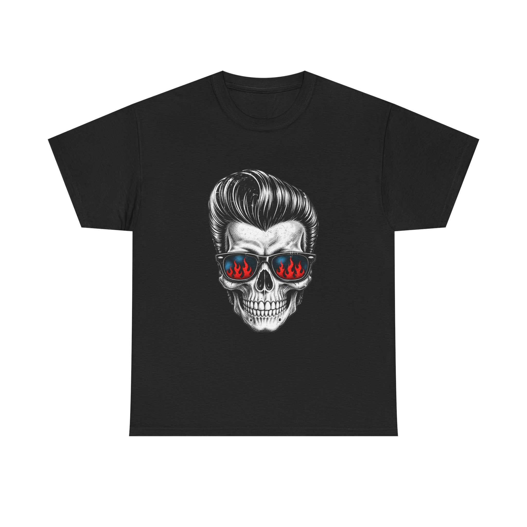 Skull Sunglasses Tee — Retro Pompadour Skull with Flaming Shades Graphic T-Shirt