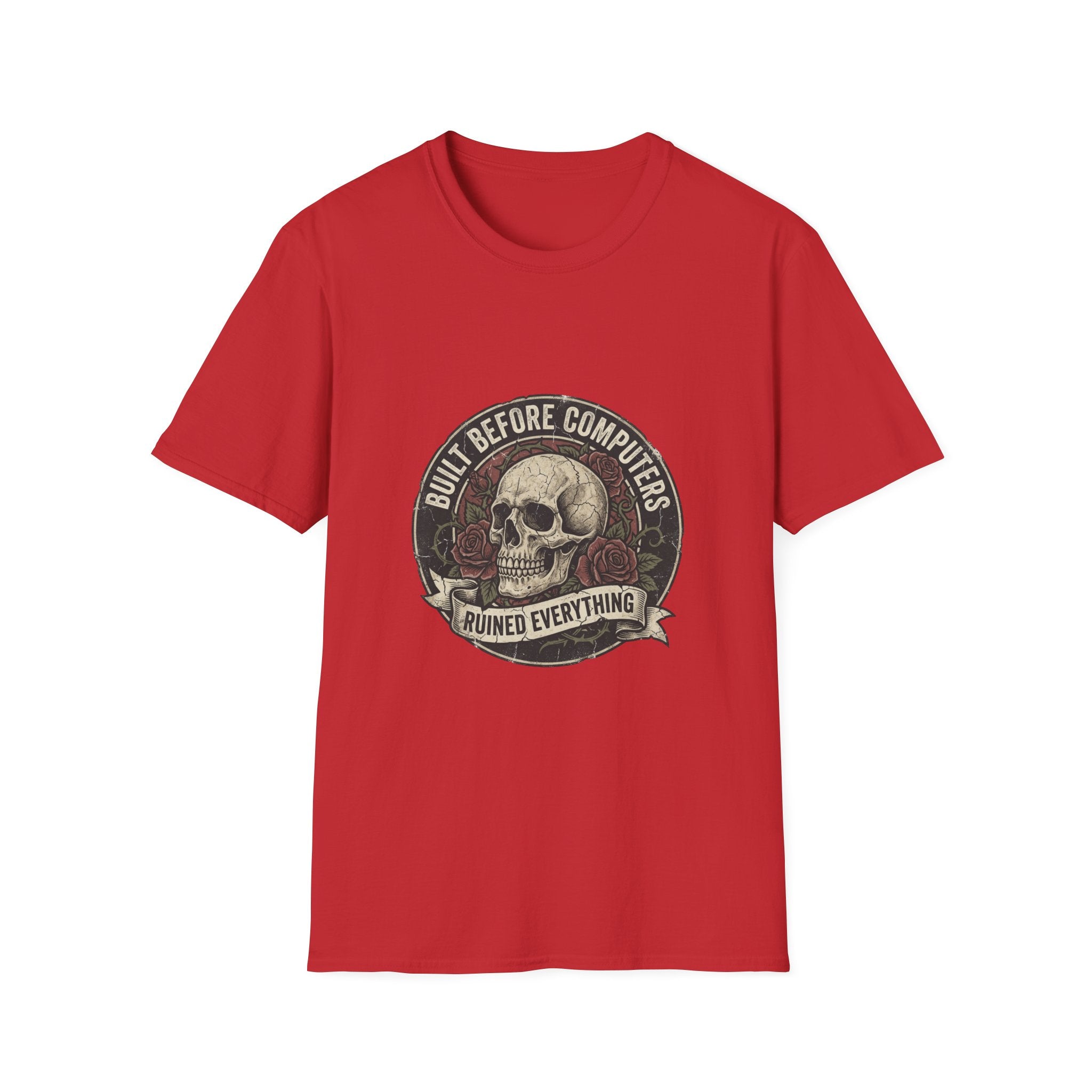 T-Shirt — "Built Before Computers" Vintage Skull Graphic Tee