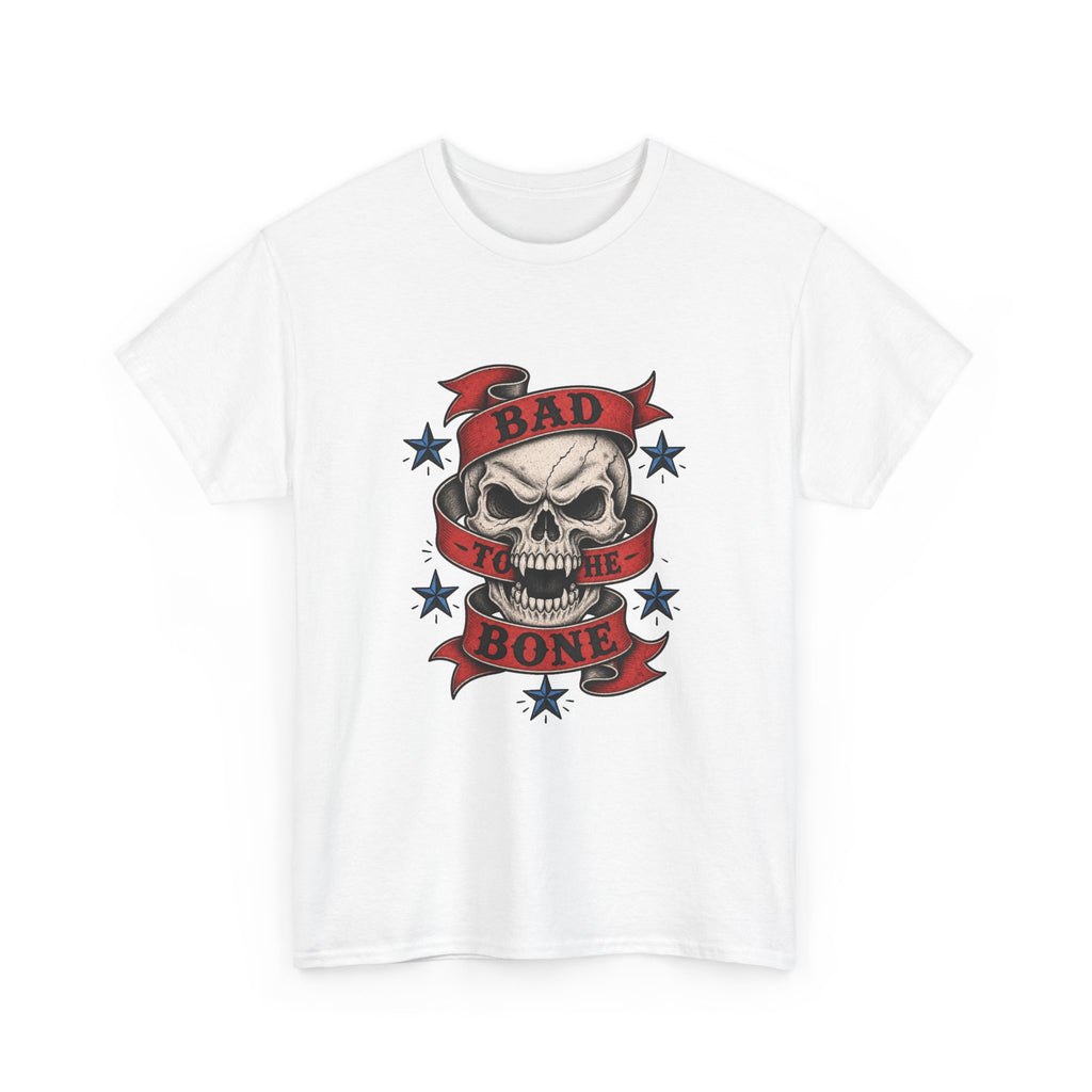 Bad to the Bone Skull Tee — Retro Rocker Biker Graphic T-Shirt