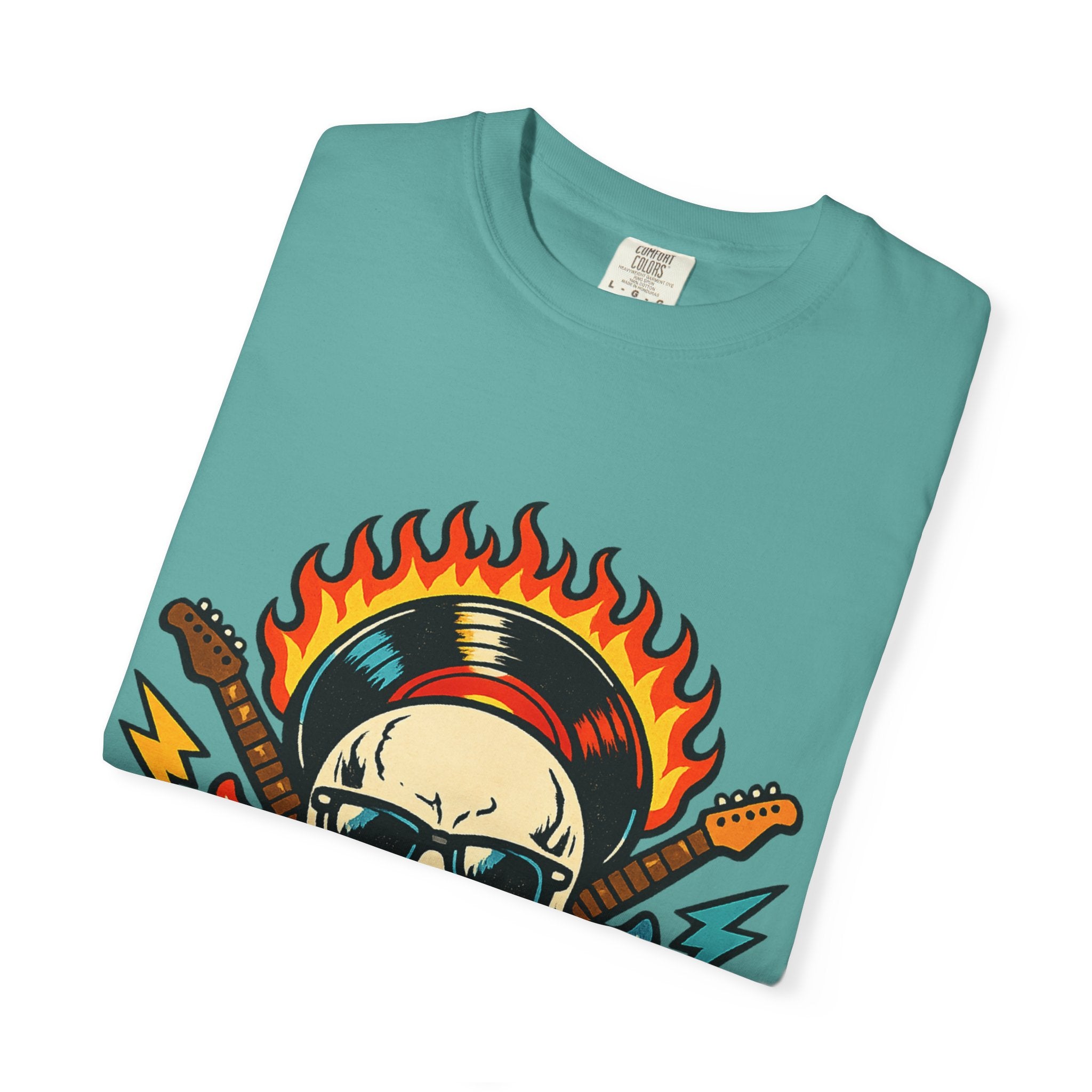 Rock Skull Graphic T-Shirt — Flaming Skull, Guitars & Dice Tattoo Art