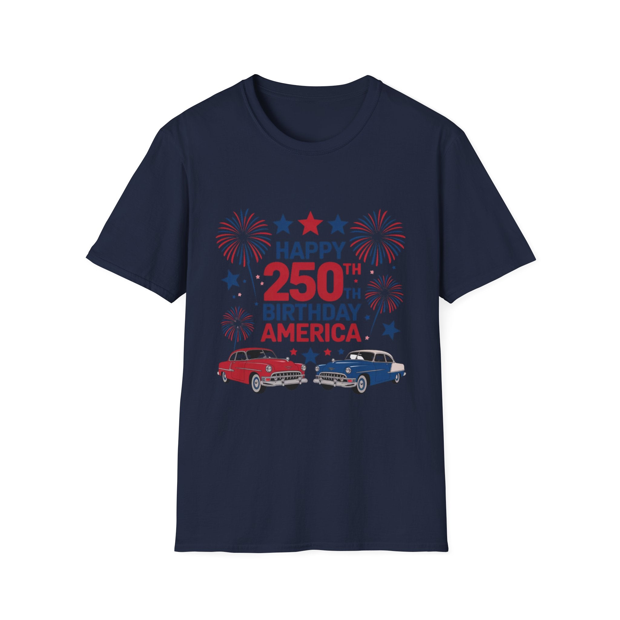 Happy 250th Birthday America T-Shirt — Patriotic Fireworks & Classic Trucks