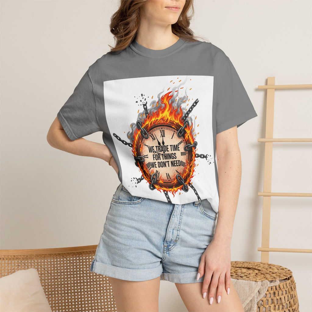 Burning Wheel Graphic T-Shirt — "We Trade Time for Things We Don't Need"