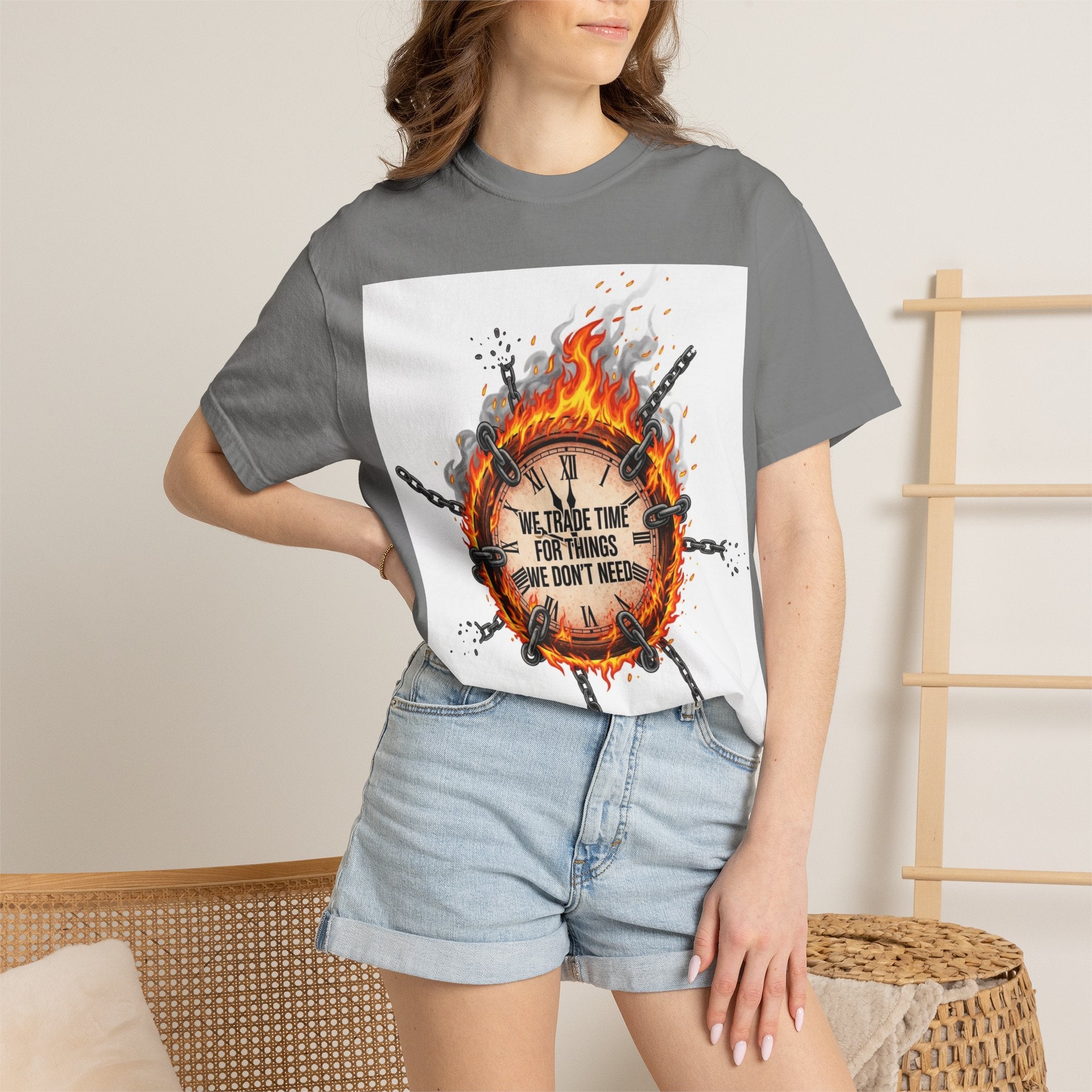 Burning Wheel Graphic T-Shirt — "We Trade Time for Things We Don't Need"