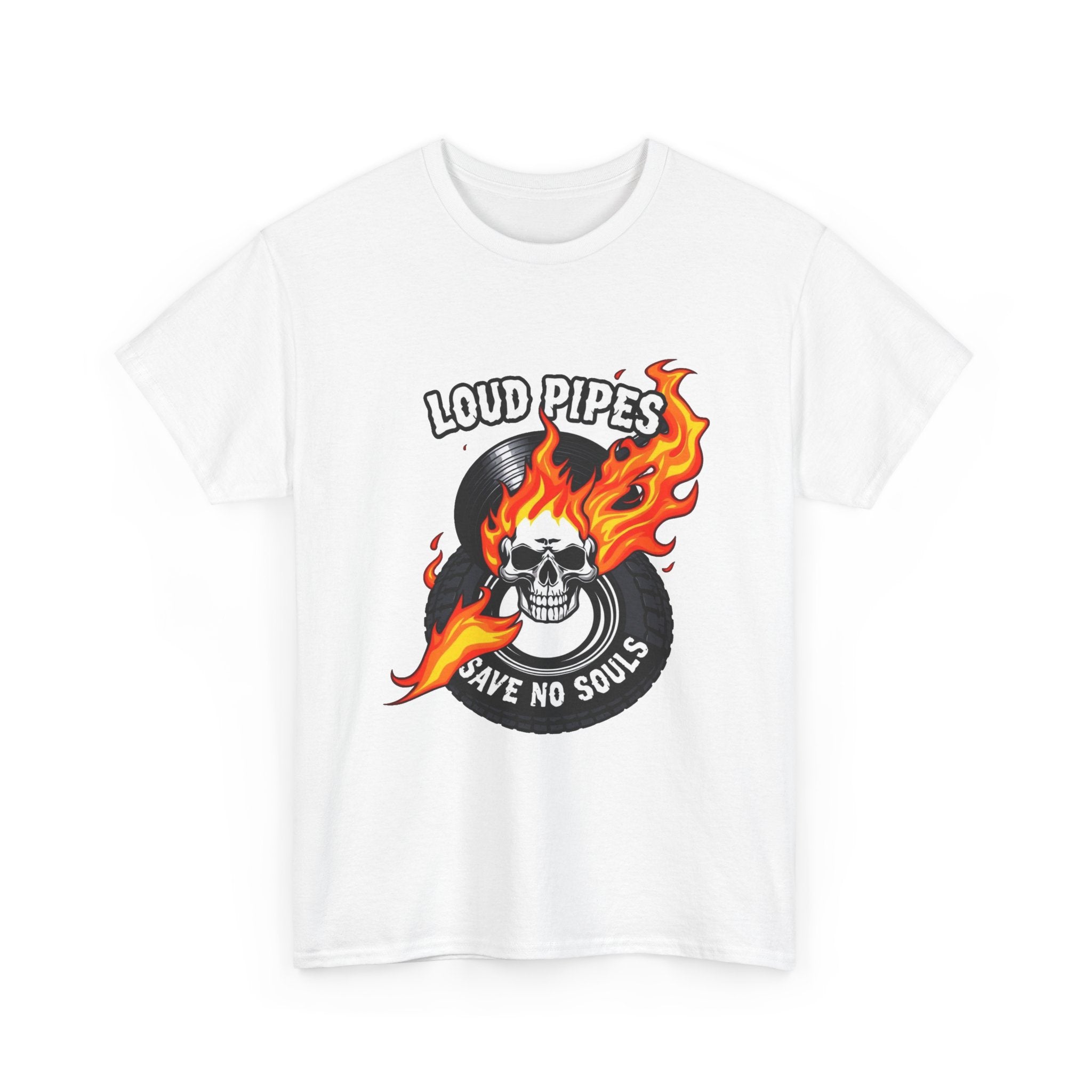 Loud Pipes Save No Souls Graphic Tee — Flaming Skull Vinyl Shirt