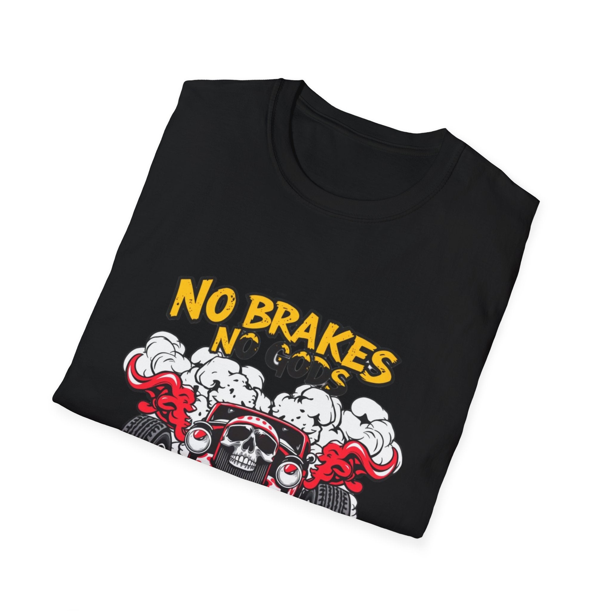 No Brakes No Gods Graphic T-Shirt — Vintage Skull Hot Rod Racing Tee