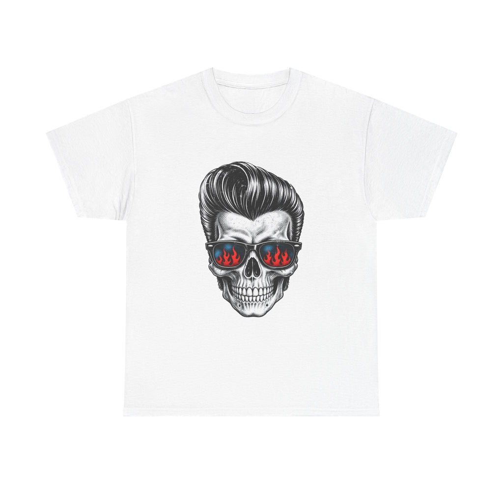 Skull Sunglasses Tee — Retro Pompadour Skull with Flaming Shades Graphic T-Shirt