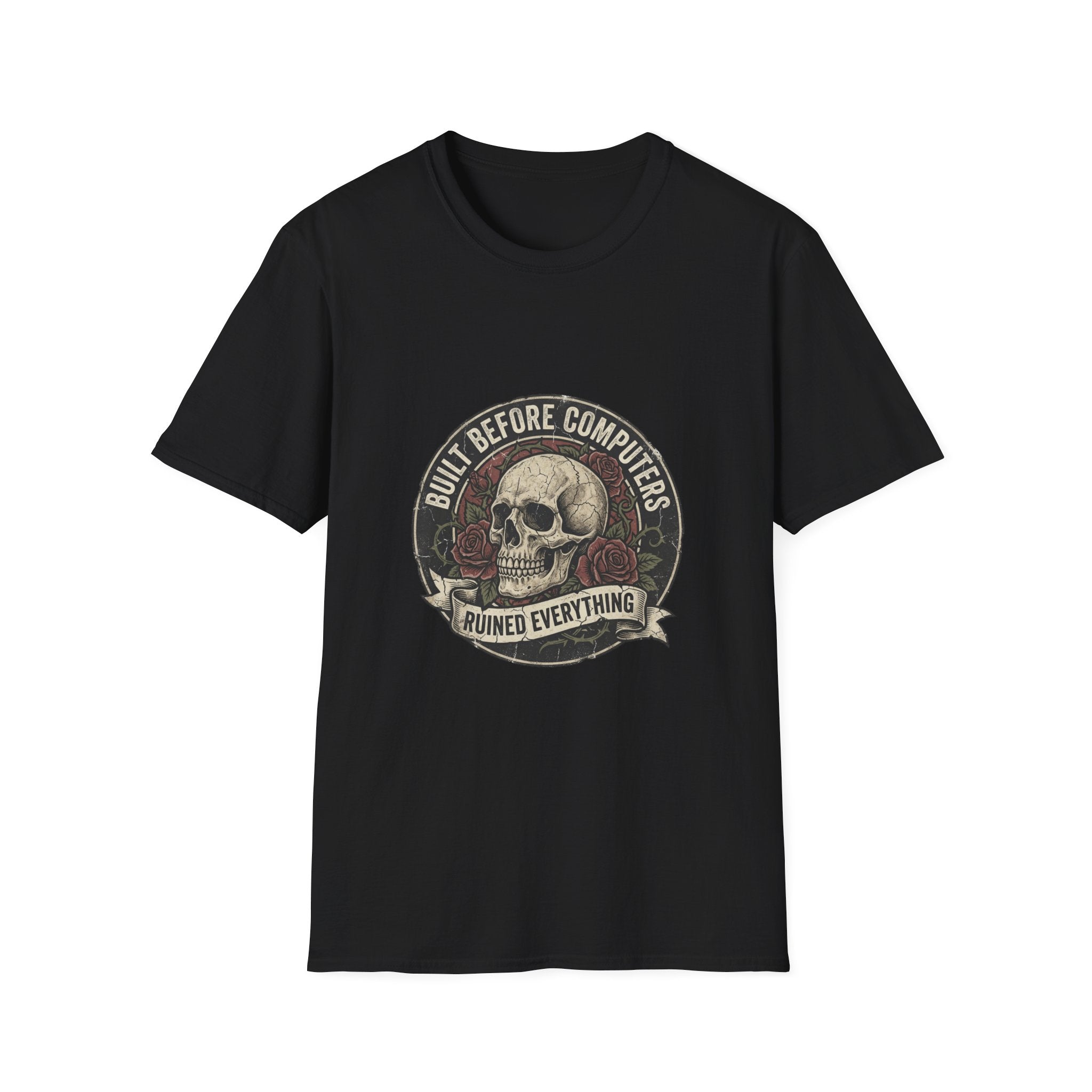 T-Shirt — "Built Before Computers" Vintage Skull Graphic Tee