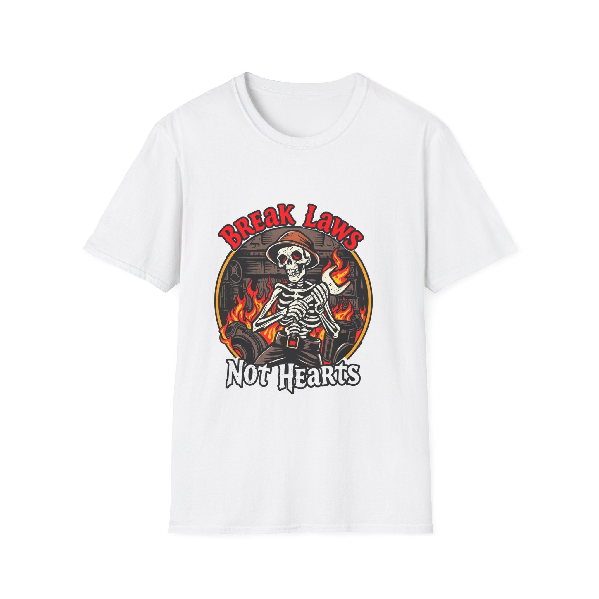 Break Laws Not Hearts Skeleton Flame Graphic T-Shirt