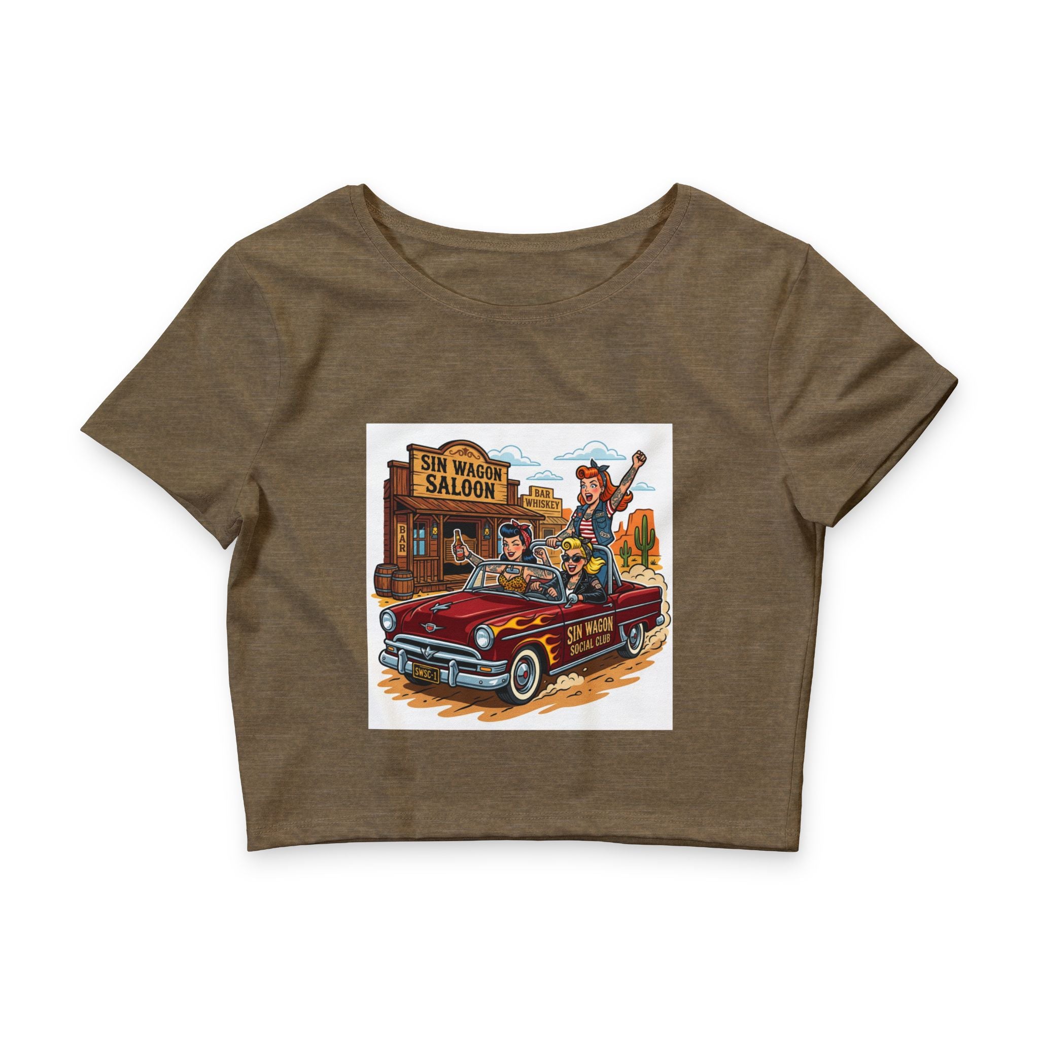 Women’s Crop Tee — Retro Cowgirl Road Trip 'Sin Wagon Saloon' Graphic