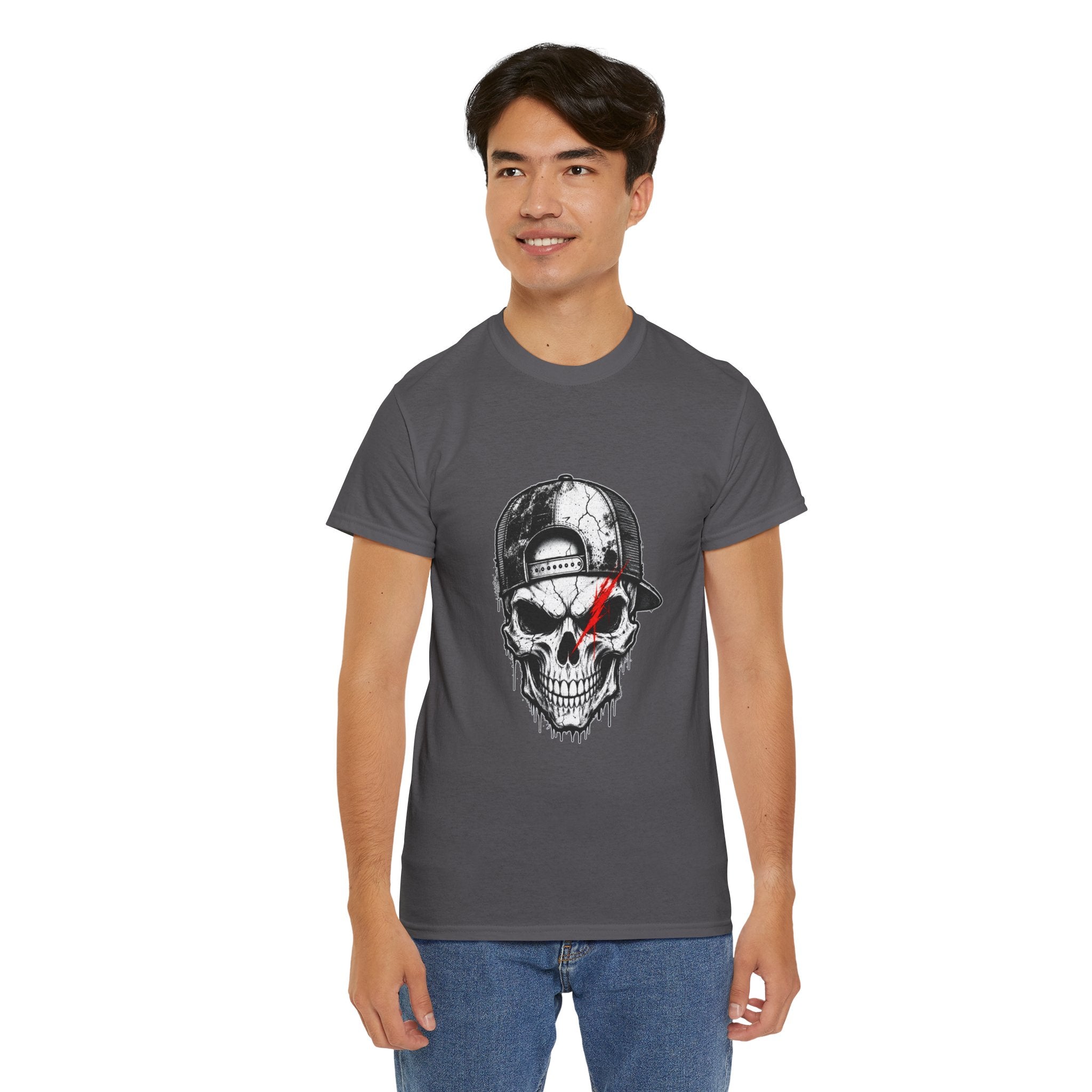 Skull Cap T-Shirt — Grunge Skull with Red Eye Slash Graphic
