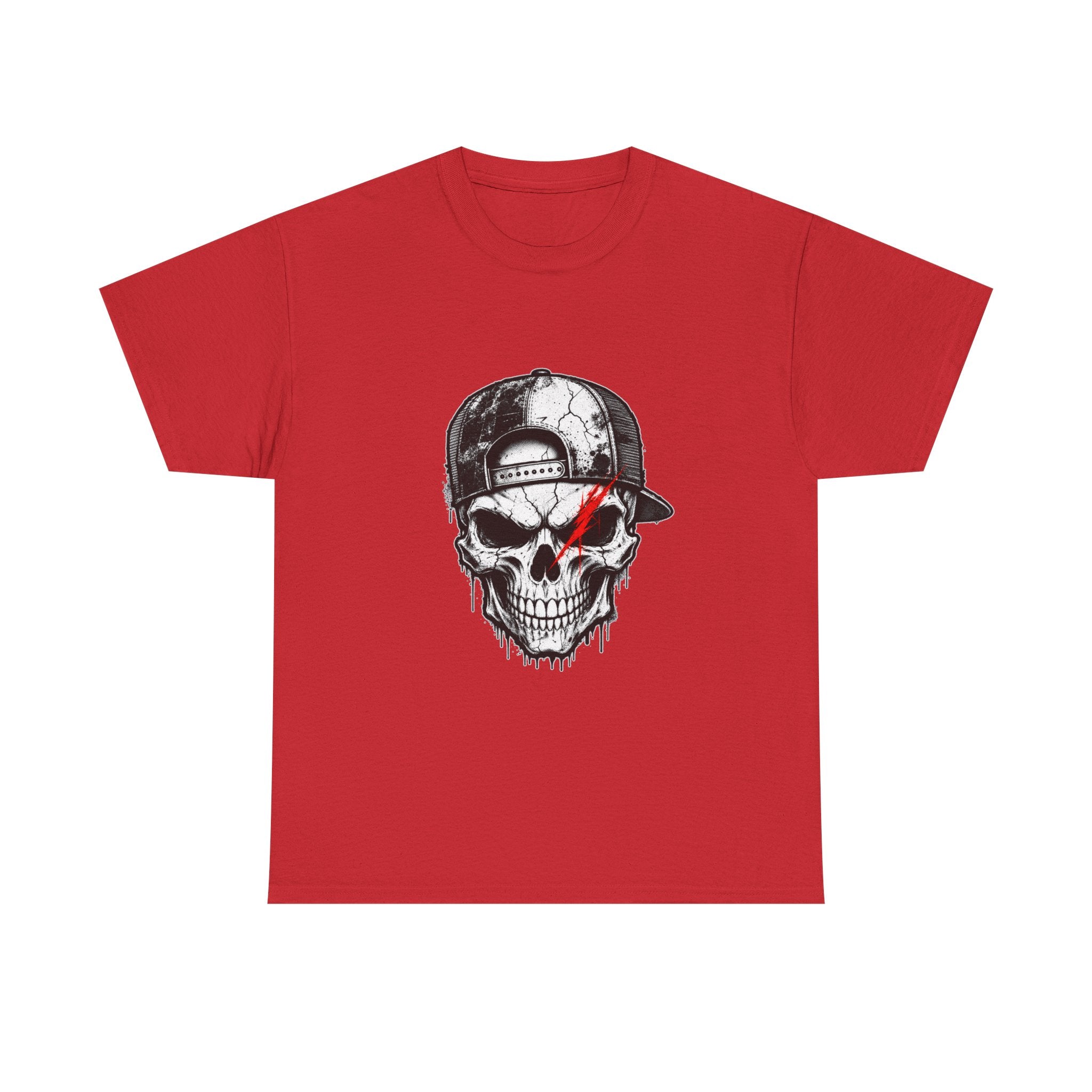 Skull Cap T-Shirt — Grunge Skull with Red Eye Slash Graphic