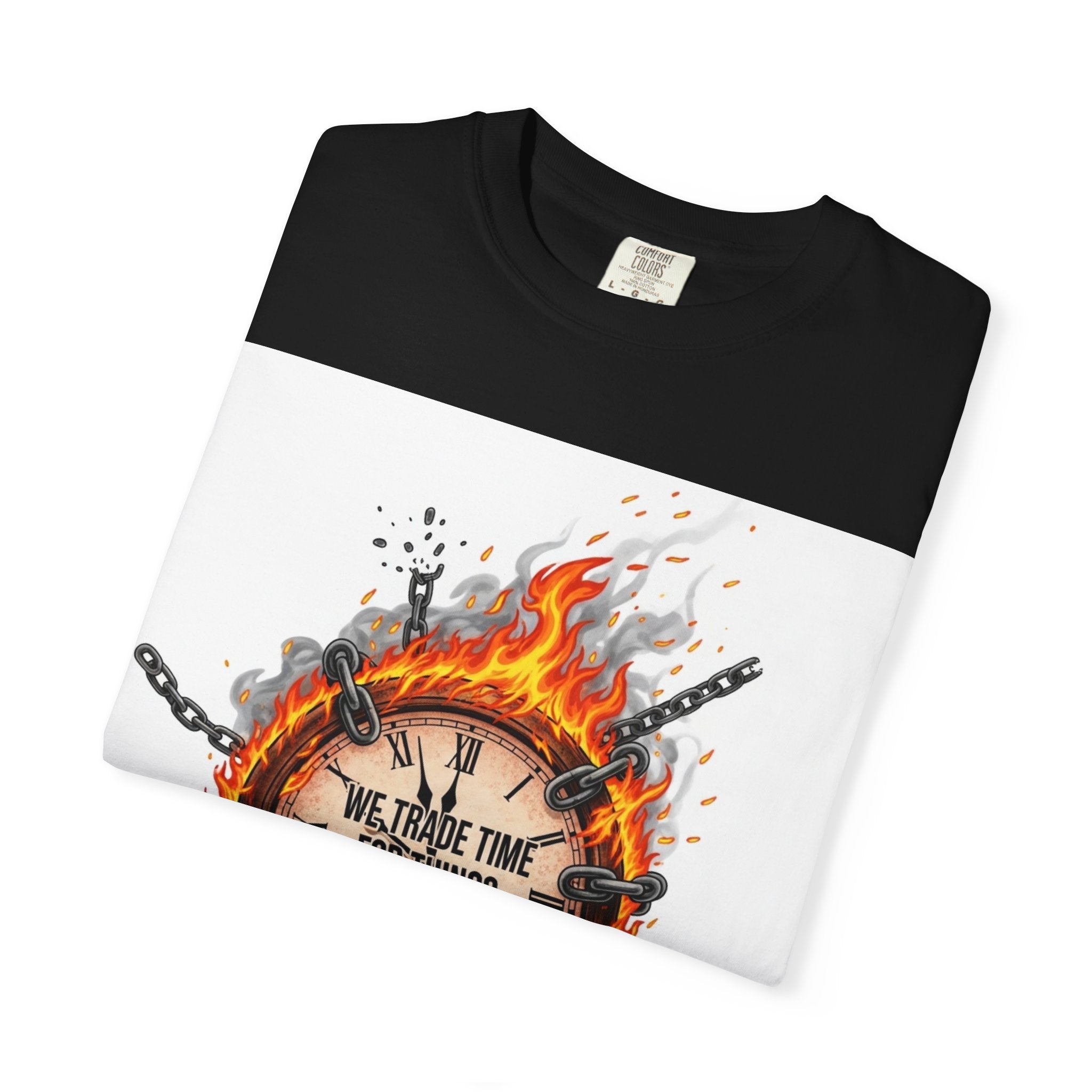 Burning Wheel Graphic T-Shirt — "We Trade Time for Things We Don't Need"