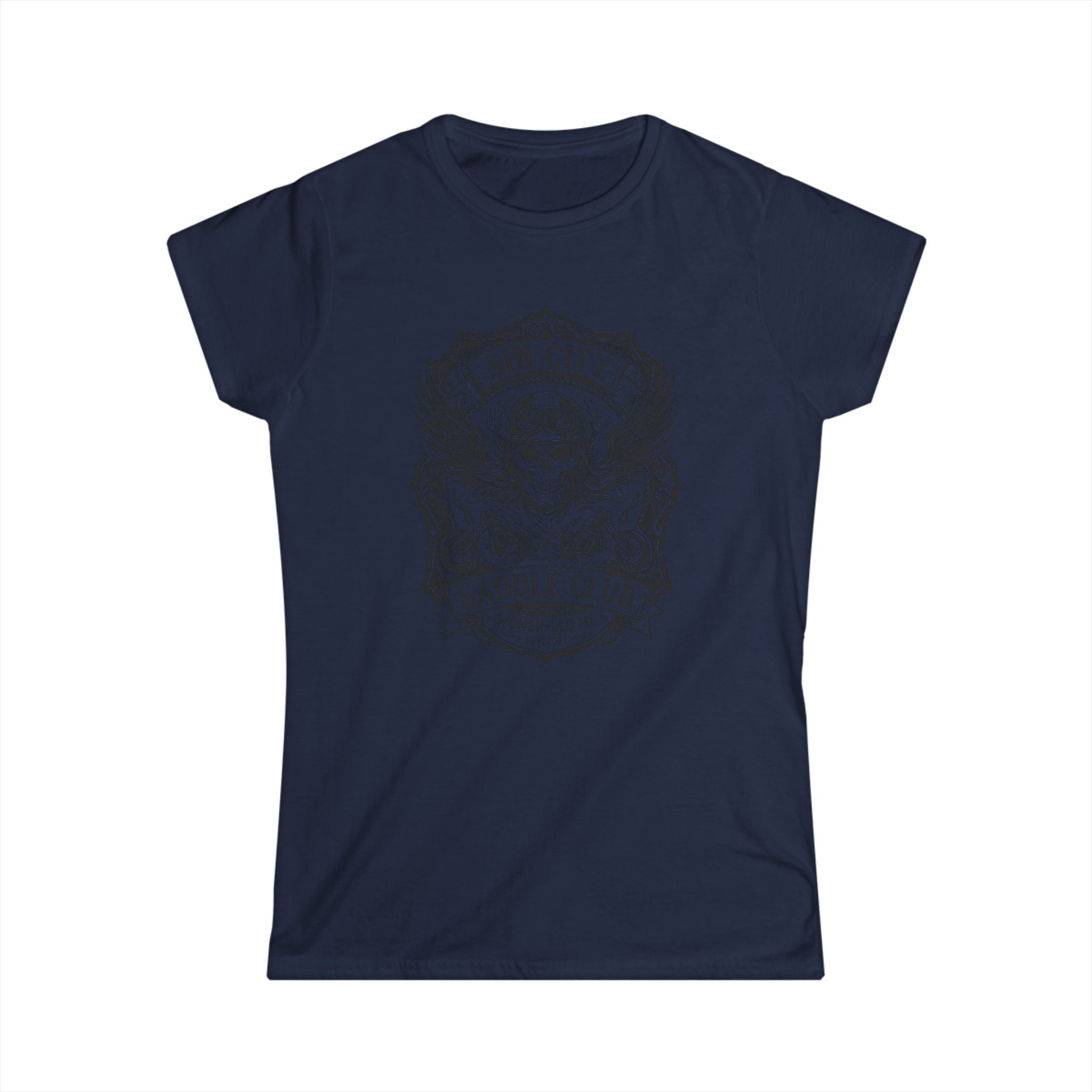 Sin City Saddle Club Skull Tee — Women's Biker Graphic T-Shirt