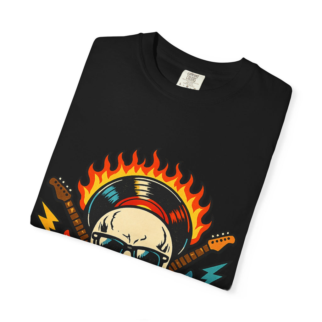 Rock Skull Graphic T-Shirt — Flaming Skull, Guitars & Dice Tattoo Art