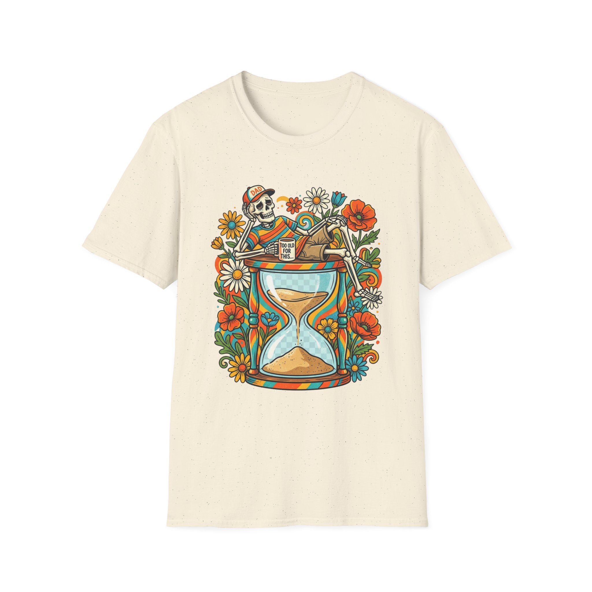 Skeleton Hourglass T-Shirt — Relaxed Skull & Flowers Retro Graphic Tee