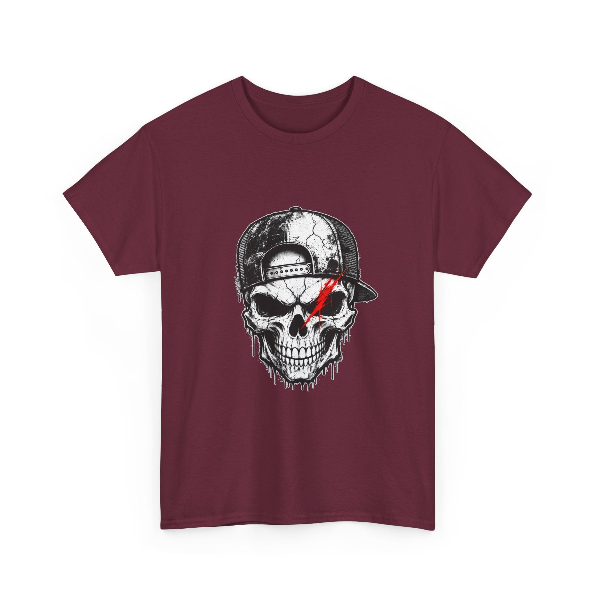 Skull Cap T-Shirt — Grunge Skull with Red Eye Slash Graphic