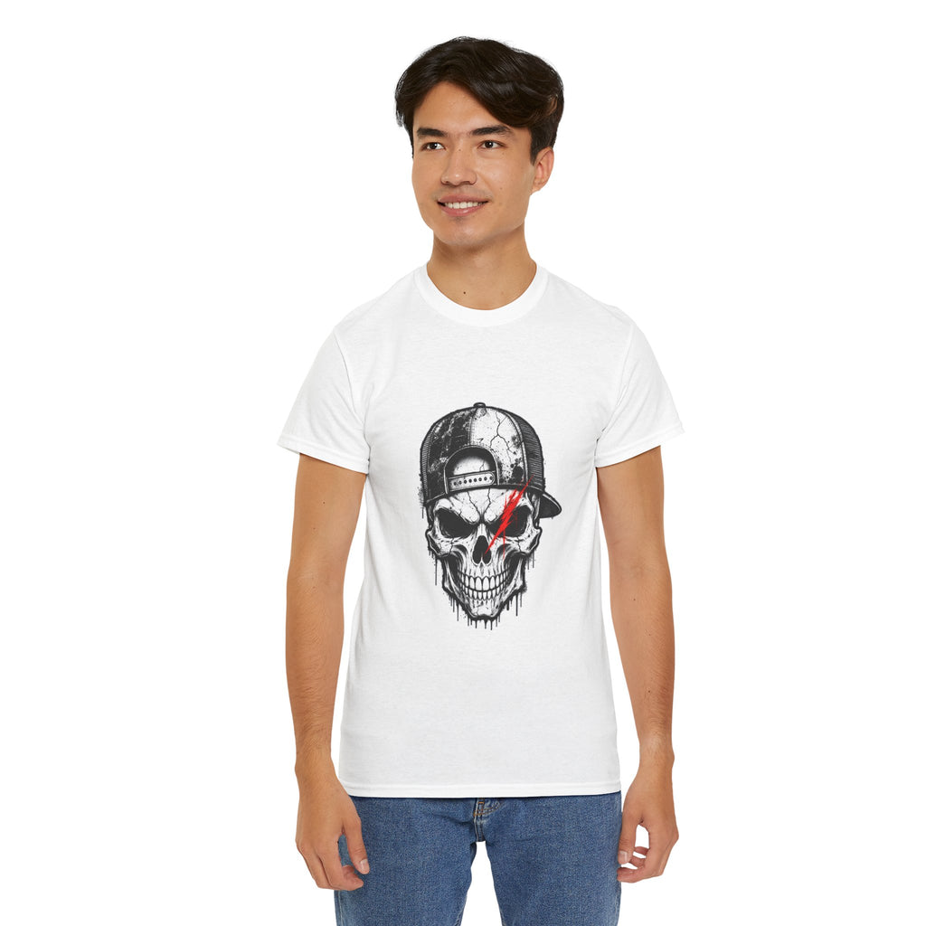 Skull Cap T-Shirt — Grunge Skull with Red Eye Slash Graphic