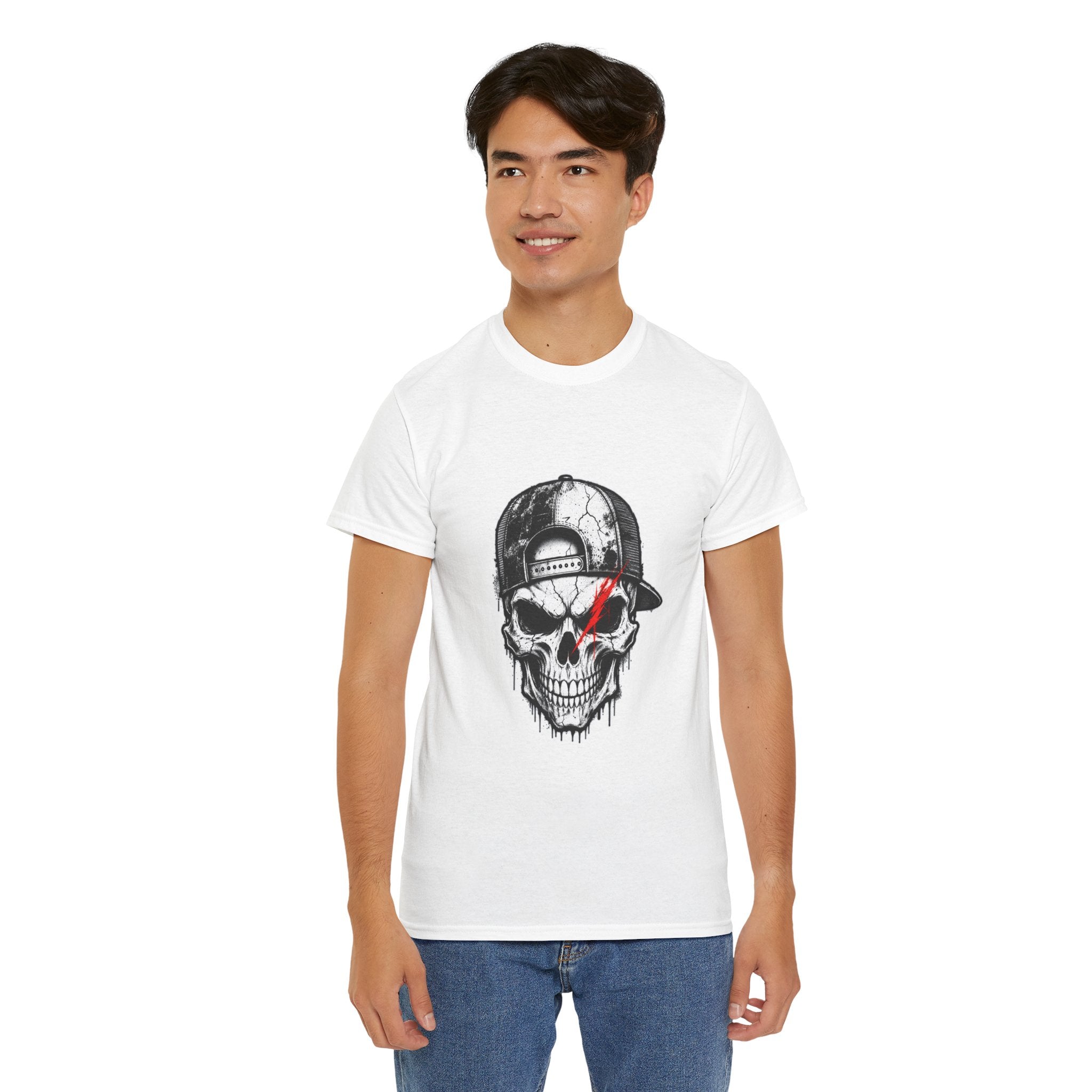 Skull Cap T-Shirt — Grunge Skull with Red Eye Slash Graphic