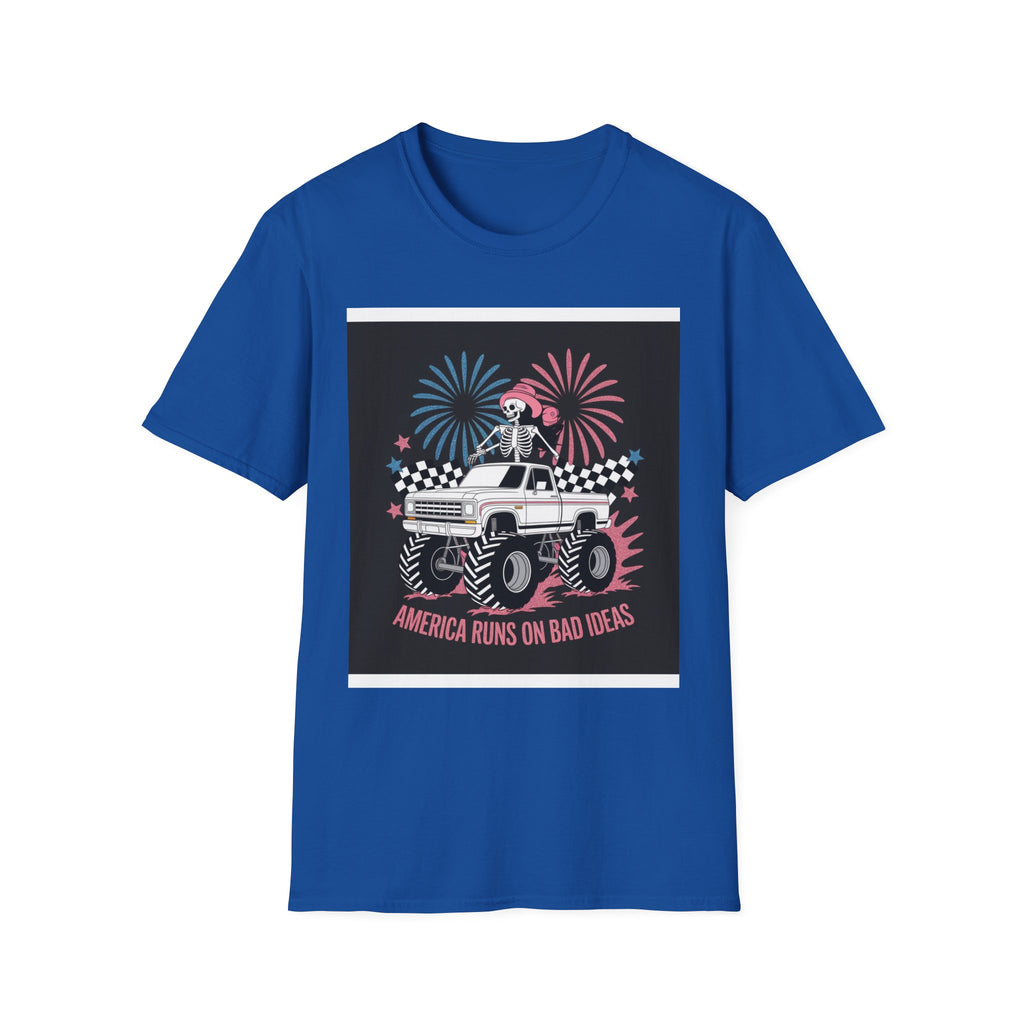 Fourth of July Monster Truck T‑Shirt — 'America Runs on Dad Jokes' Skeleton Design