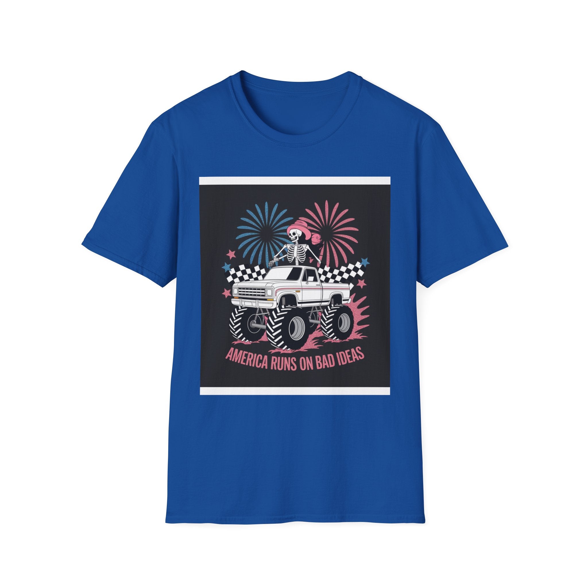 Fourth of July Monster Truck T‑Shirt — 'America Runs on Dad Jokes' Skeleton Design