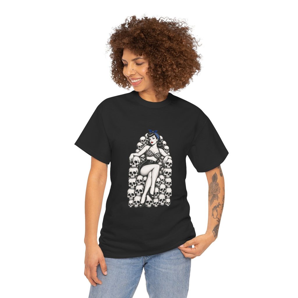 Skull Throne Pin-Up T-Shirt — Retro Goth Rockabilly Tee
