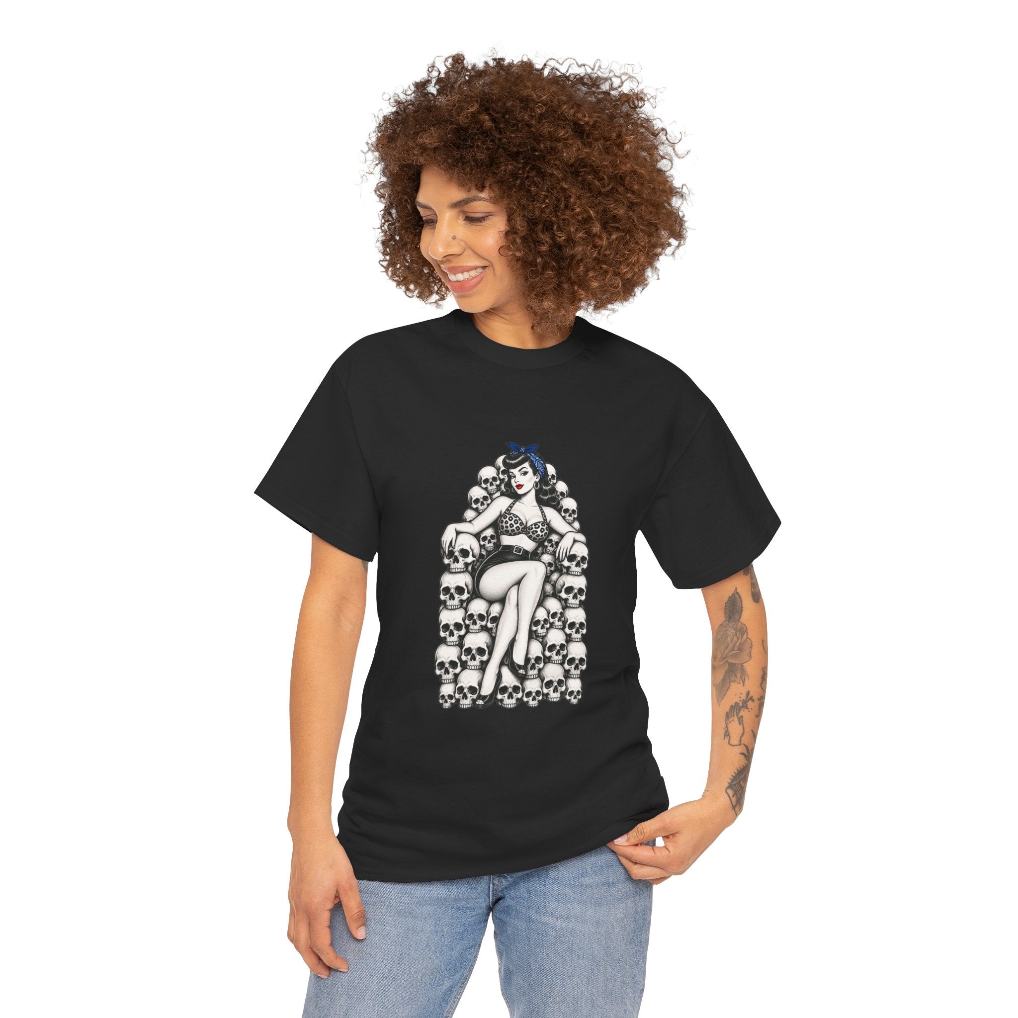 Skull Throne Pin-Up T-Shirt — Retro Goth Rockabilly Tee