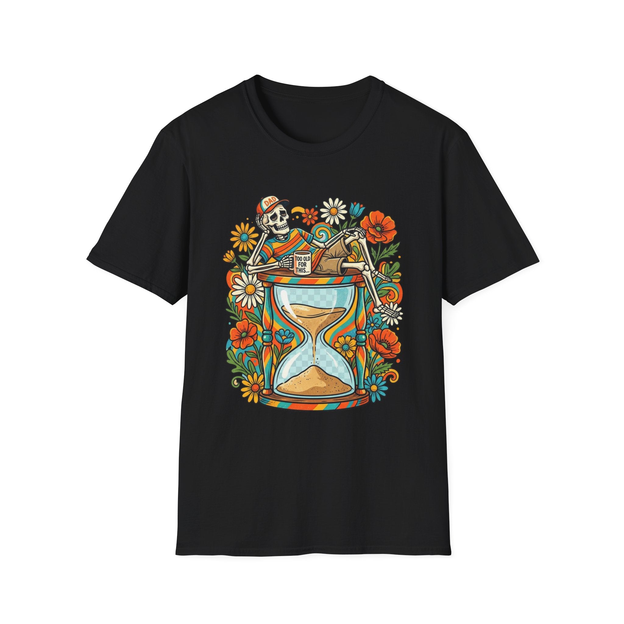 Skeleton Hourglass T-Shirt — Relaxed Skull & Flowers Retro Graphic Tee