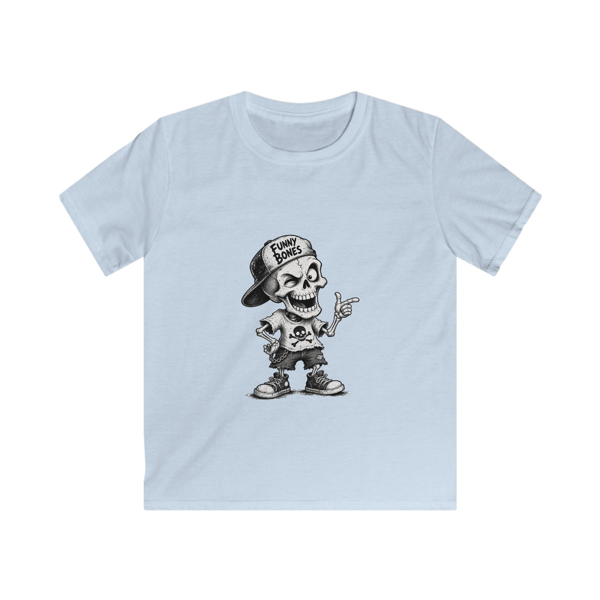 Kids T‑Shirt — Skateboard Skeleton Graphic "Funny Bones"