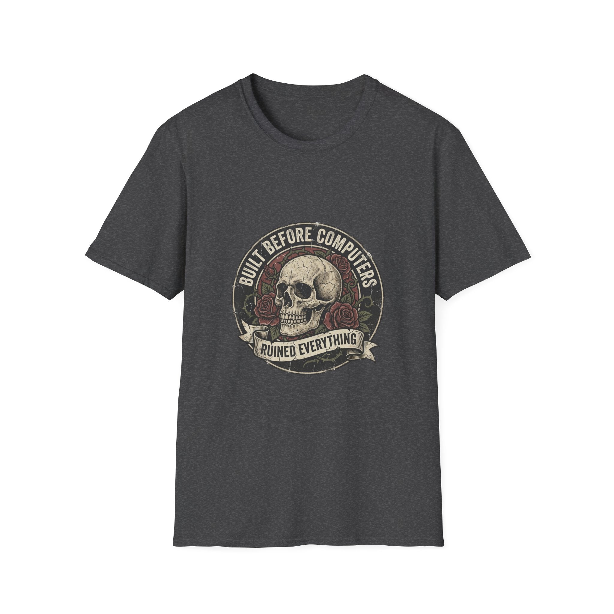 T-Shirt — "Built Before Computers" Vintage Skull Graphic Tee