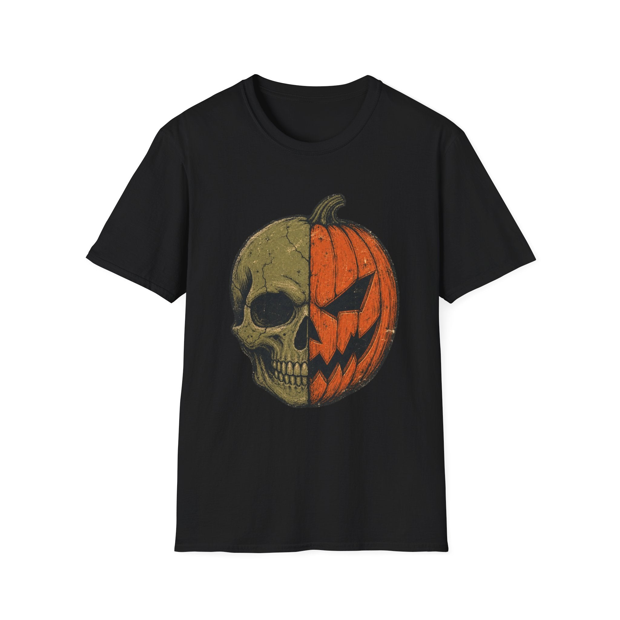 Pumpkin Skull T-Shirt — Half Jack-O’-Lantern Halloween Tee