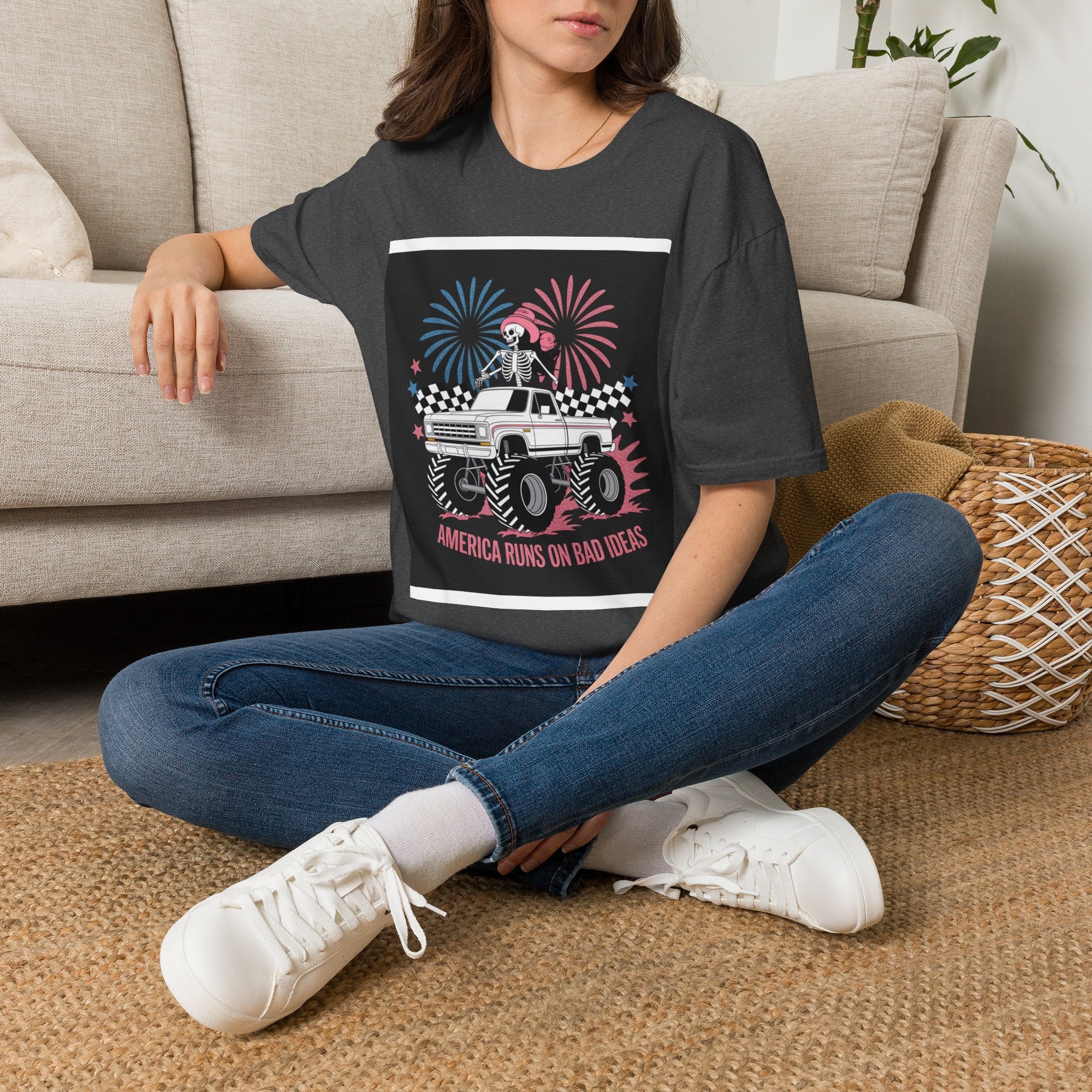Fourth of July Monster Truck T‑Shirt — 'America Runs on Dad Jokes' Skeleton Design