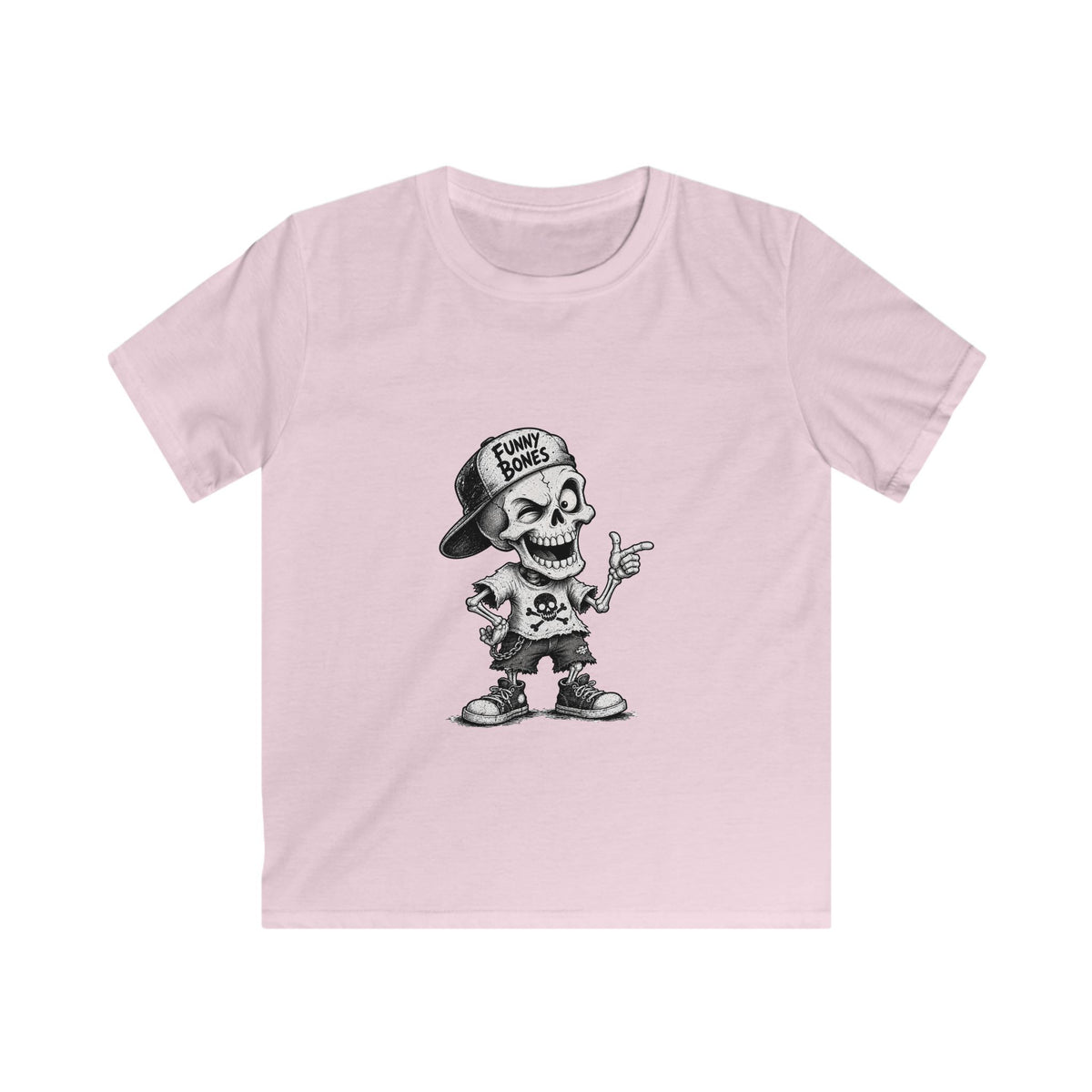Kids T‑Shirt — Skateboard Skeleton Graphic "Funny Bones"