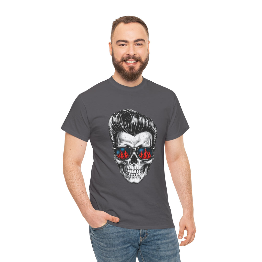 Skull Sunglasses Tee — Retro Pompadour Skull with Flaming Shades Graphic T-Shirt