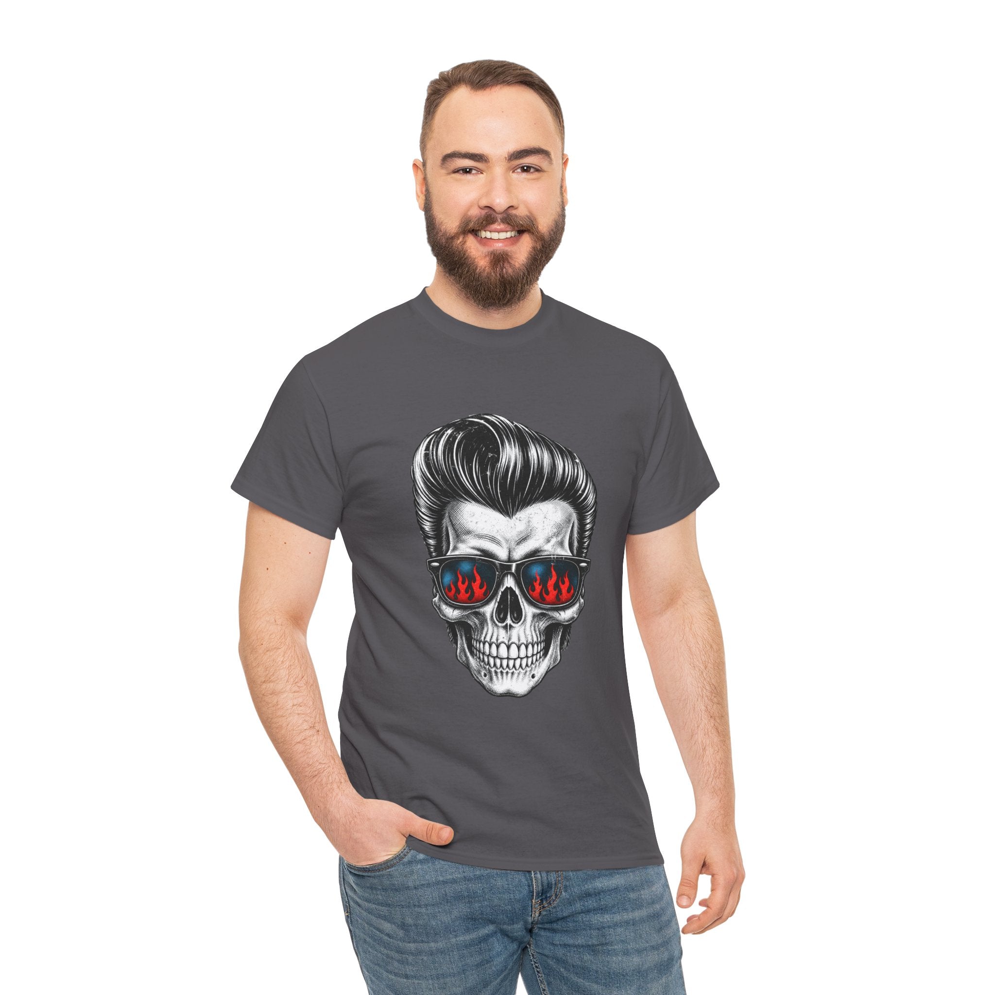 Skull Sunglasses Tee — Retro Pompadour Skull with Flaming Shades Graphic T-Shirt