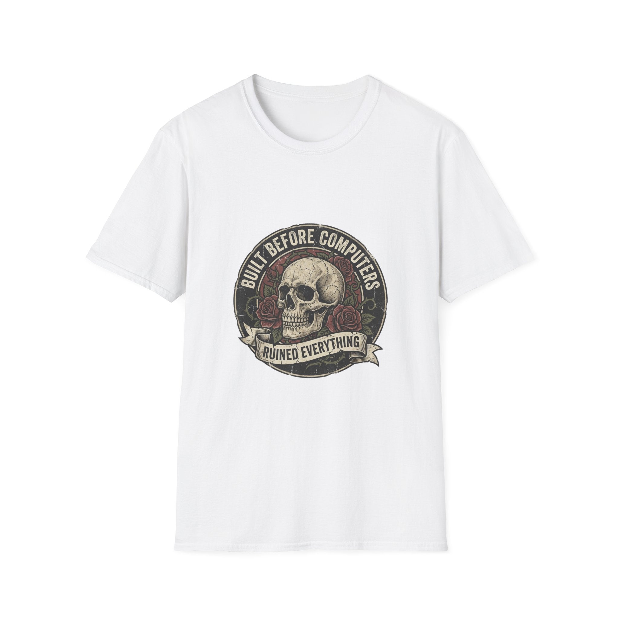 T-Shirt — "Built Before Computers" Vintage Skull Graphic Tee