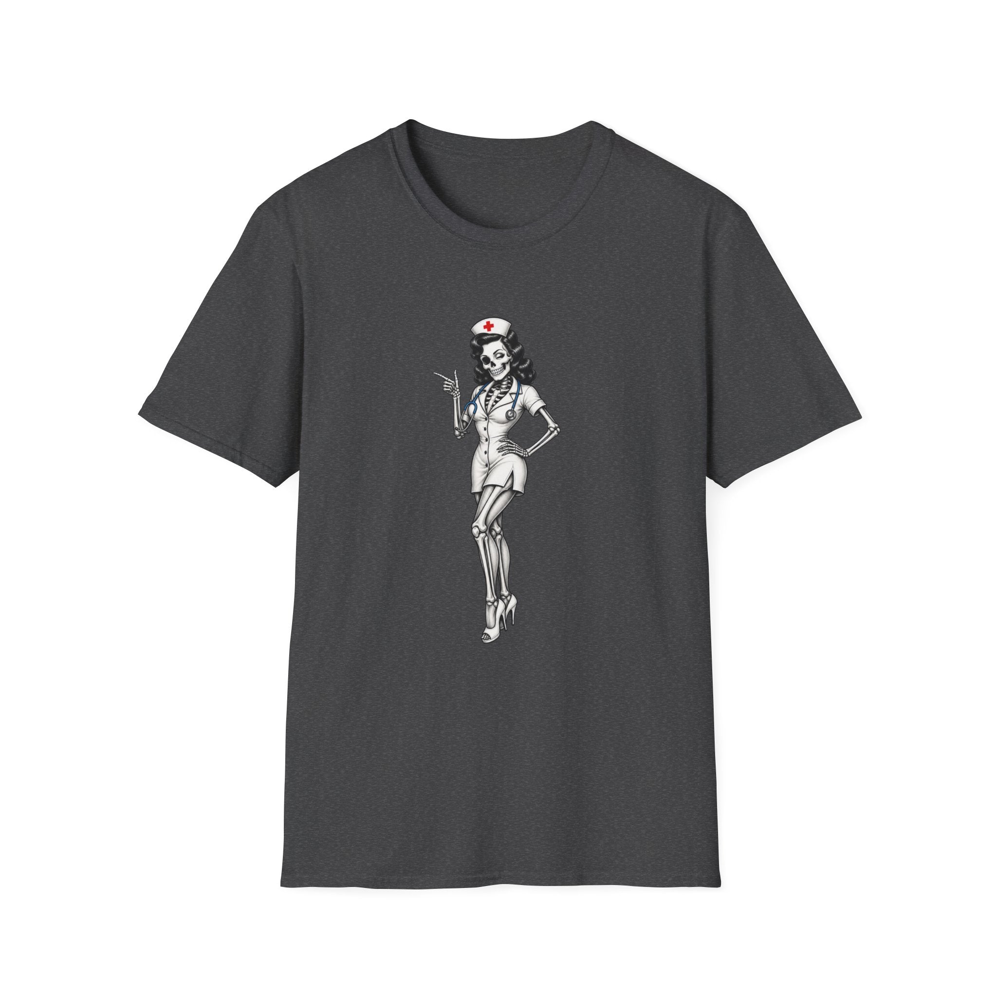 Vintage Pinup Nurse T-Shirt — Retro Skeleton Nurse Graphic Tee