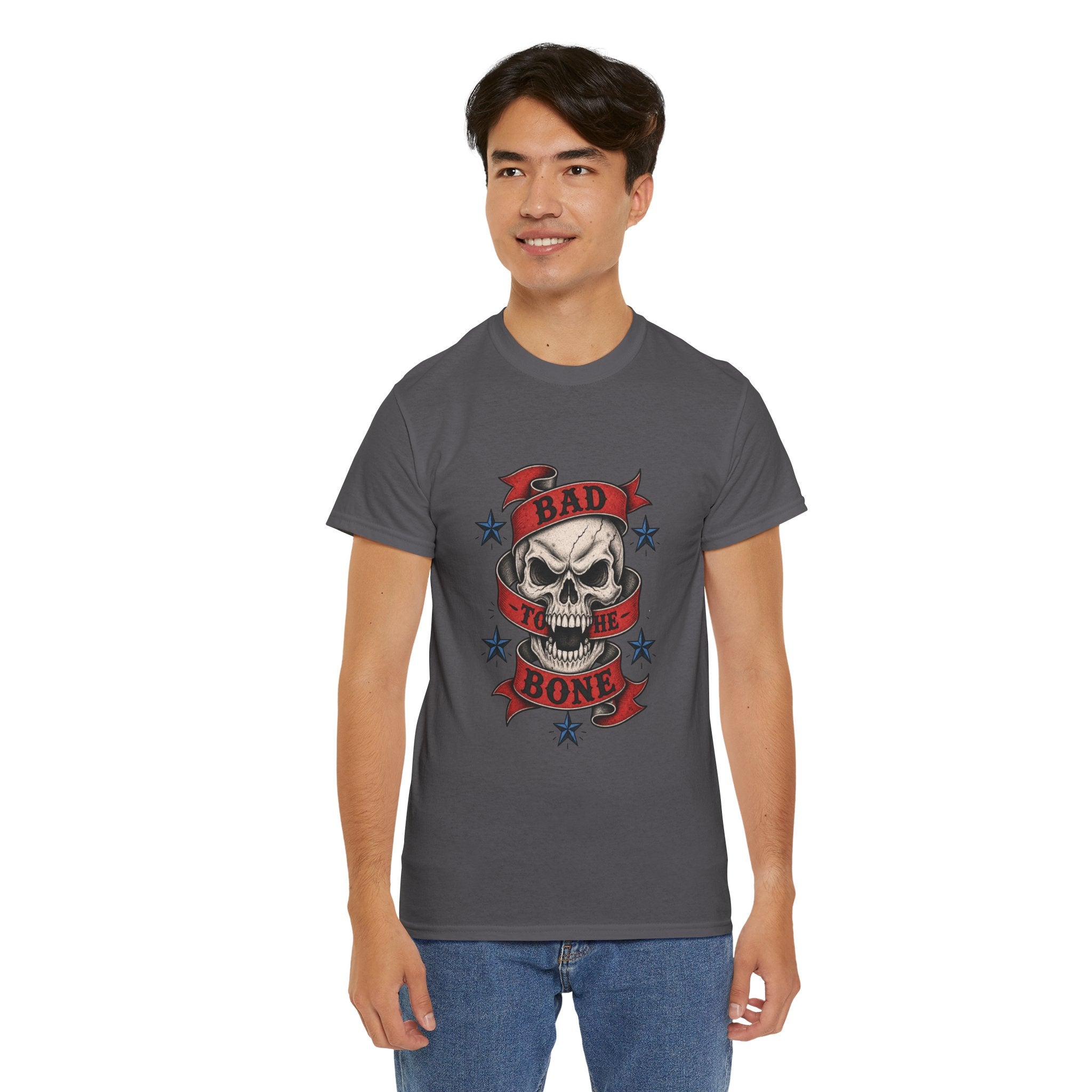 Bad to the Bone Skull Tee — Retro Rocker Biker Graphic T-Shirt