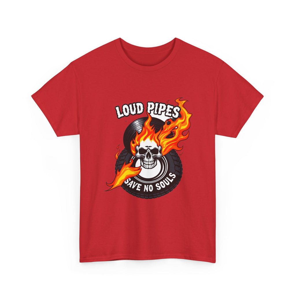 Loud Pipes Save No Souls Graphic Tee — Flaming Skull Vinyl Shirt