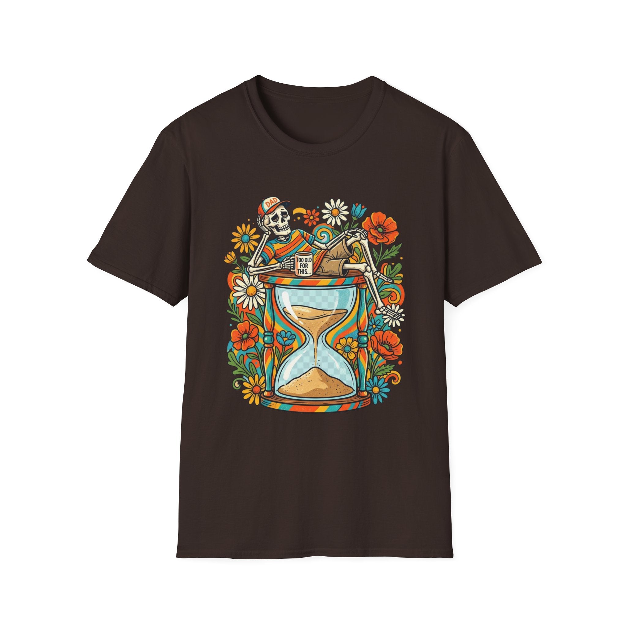 Skeleton Hourglass T-Shirt — Relaxed Skull & Flowers Retro Graphic Tee