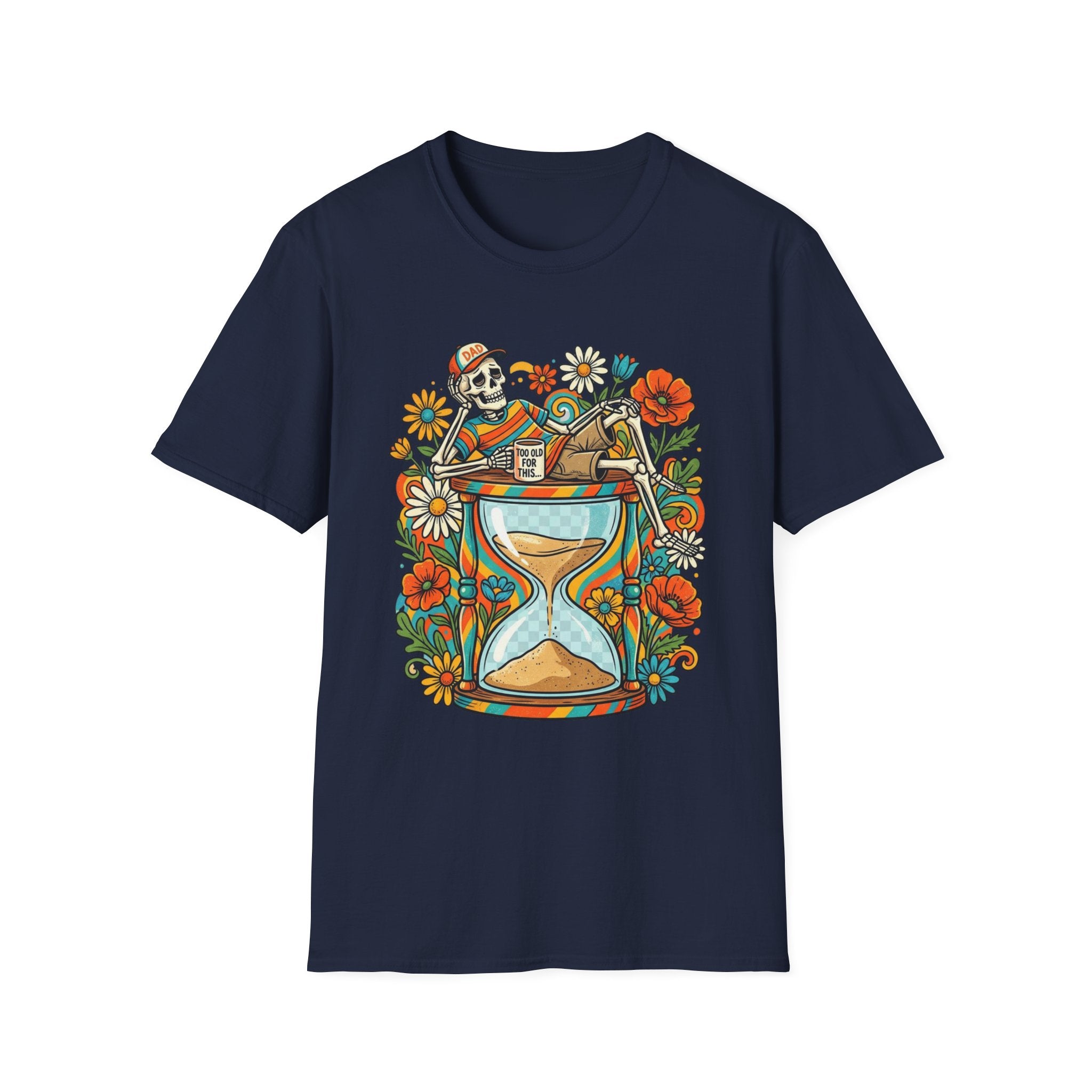 Skeleton Hourglass T-Shirt — Relaxed Skull & Flowers Retro Graphic Tee