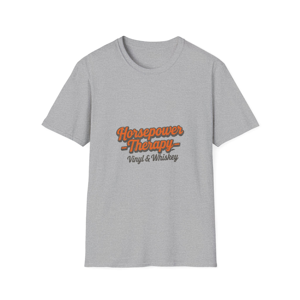 Horsepower Therapy T-Shirt — "Horsepower Therapy: Vinyl & Whiskey" Retro Automotive Tee
