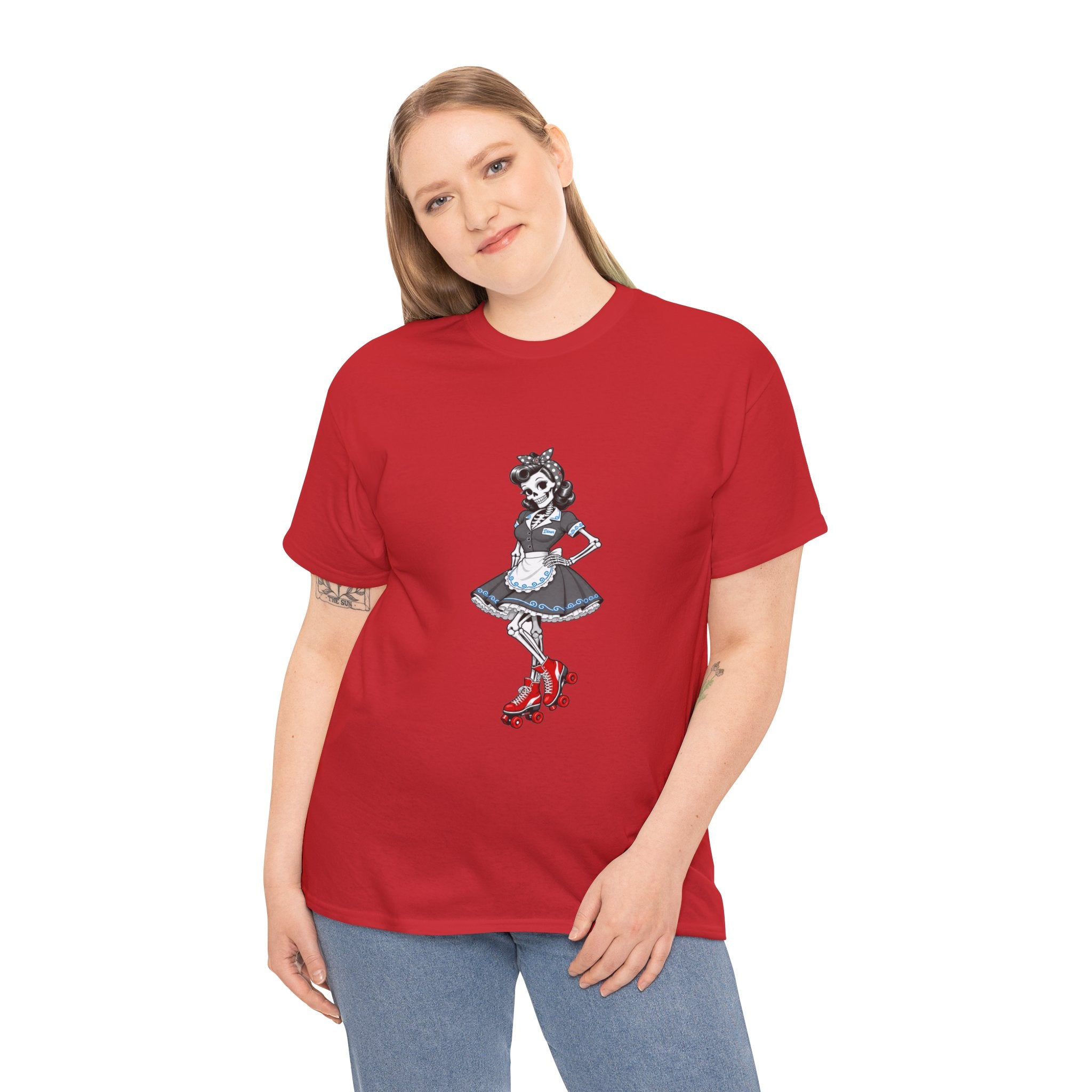 Vintage Gothic Doll T‑Shirt — Red Roller Skate Skeleton Girl Tee