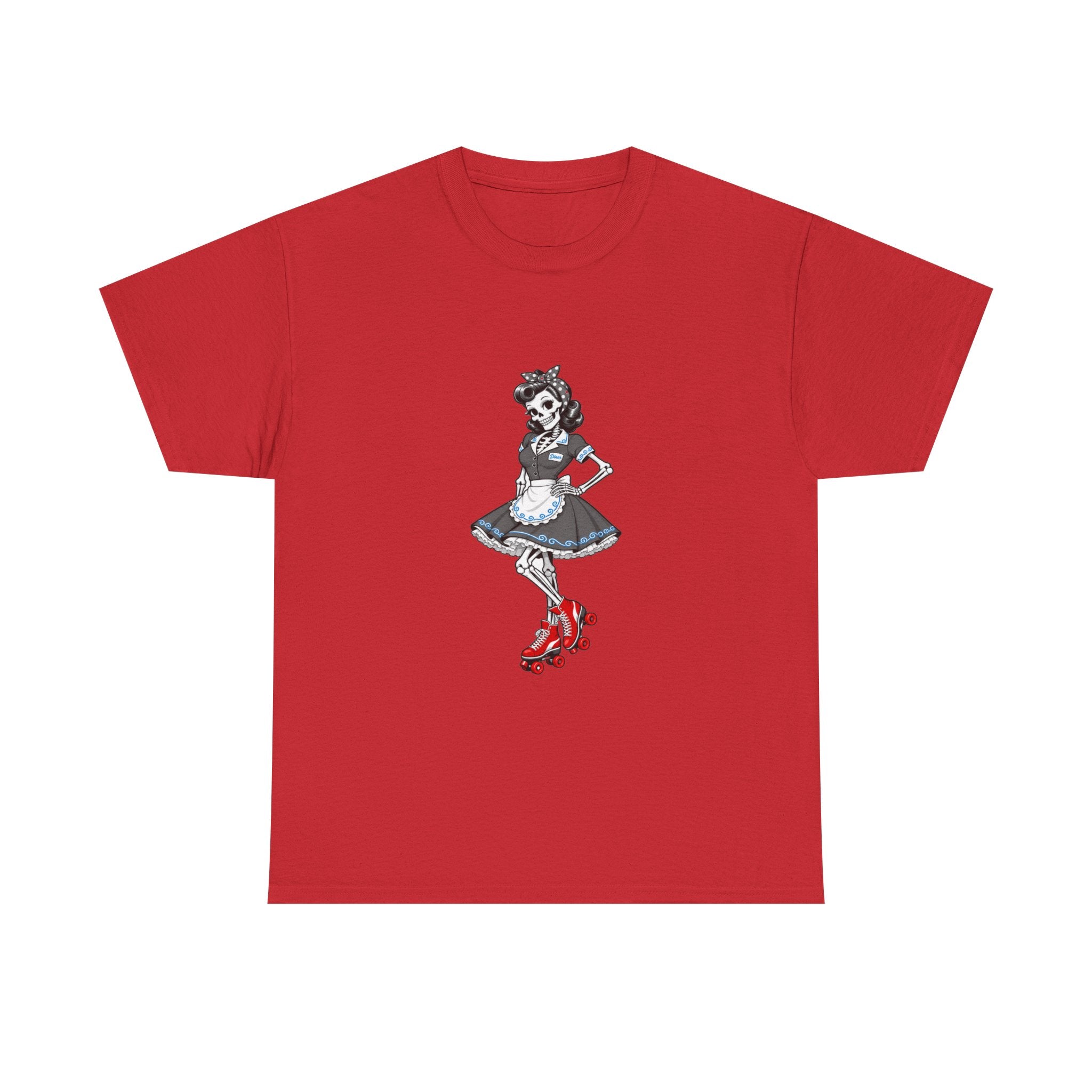 Vintage Gothic Doll T‑Shirt — Red Roller Skate Skeleton Girl Tee