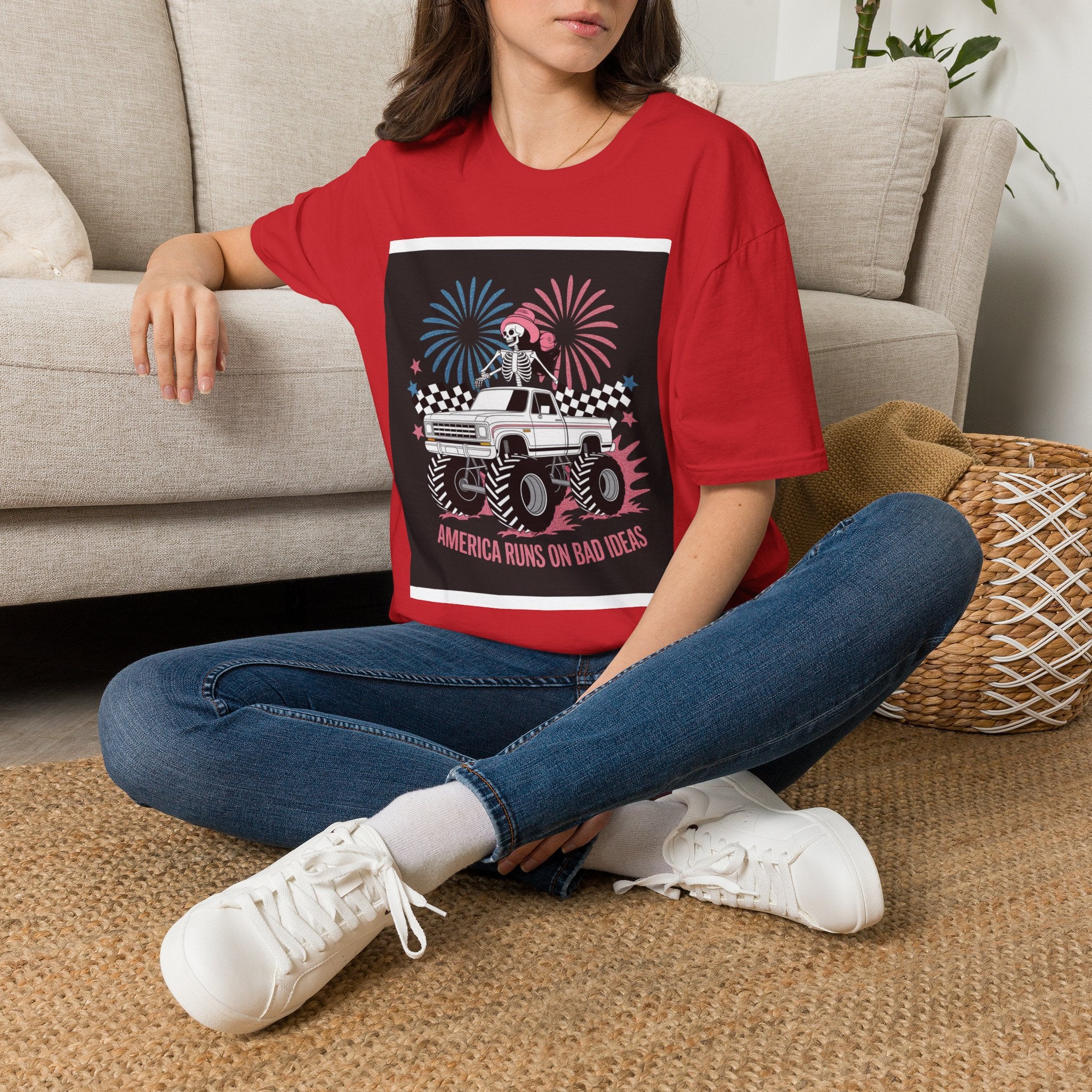 Fourth of July Monster Truck T‑Shirt — 'America Runs on Dad Jokes' Skeleton Design