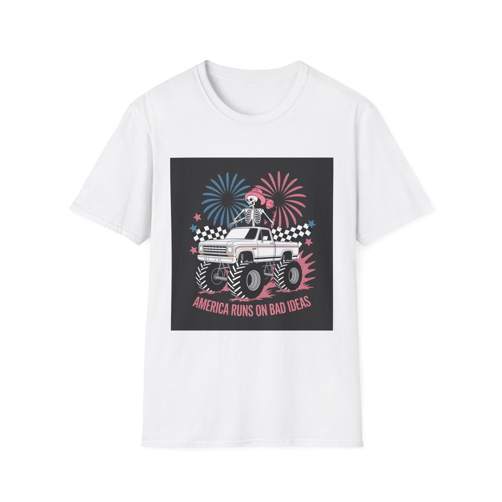 Fourth of July Monster Truck T‑Shirt — 'America Runs on Dad Jokes' Skeleton Design