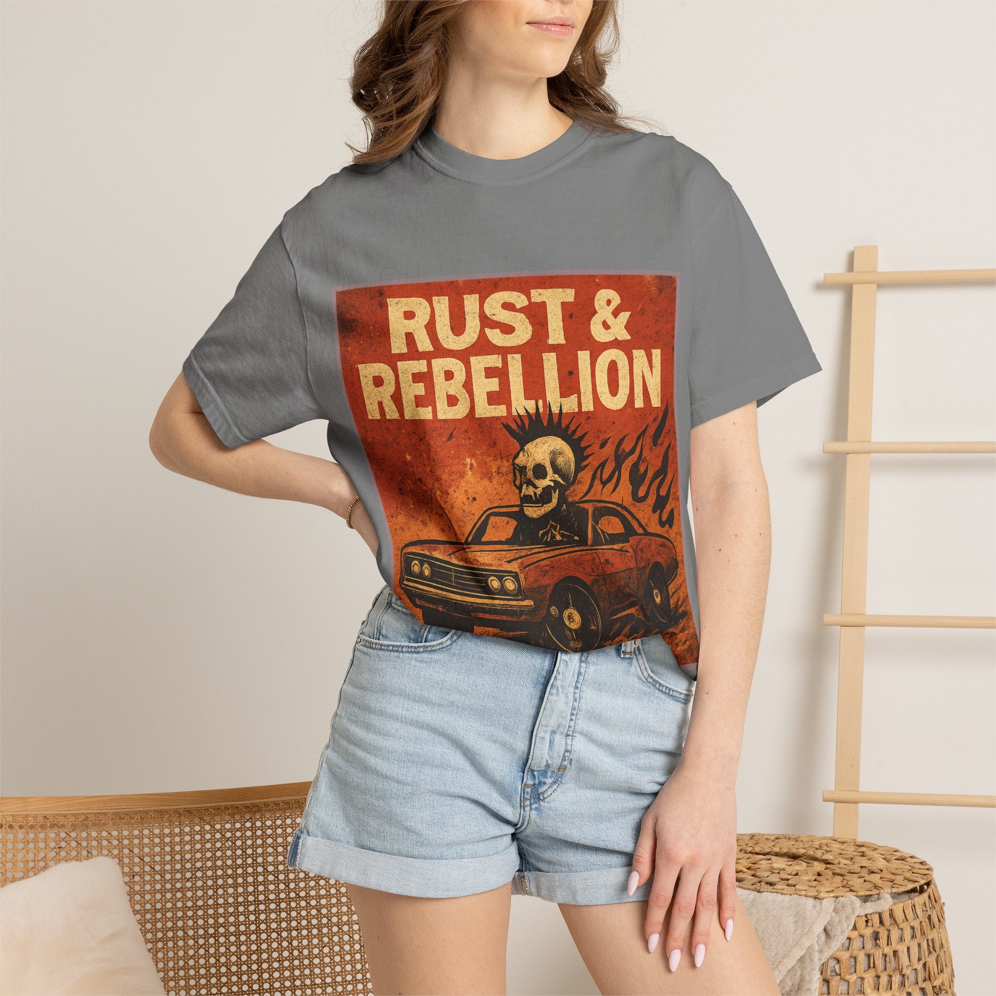 Rust & Rebellion Graphic T-Shirt — Skull Muscle Car Vintage Poster Design