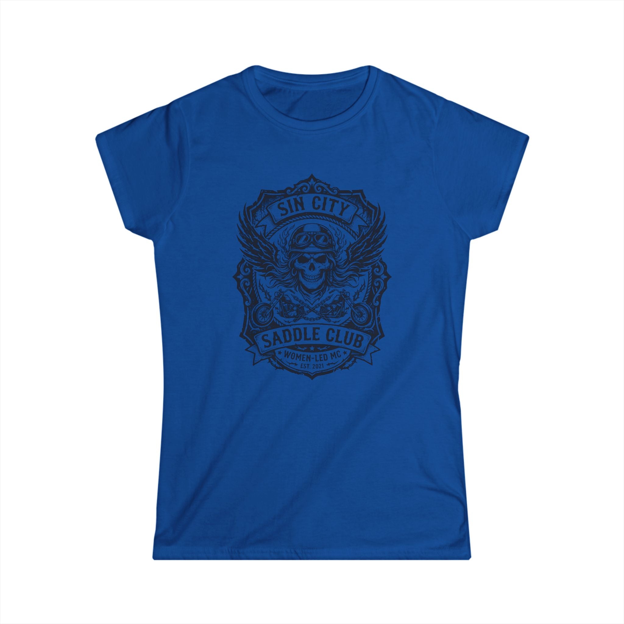Sin City Saddle Club Skull Tee — Women's Biker Graphic T-Shirt