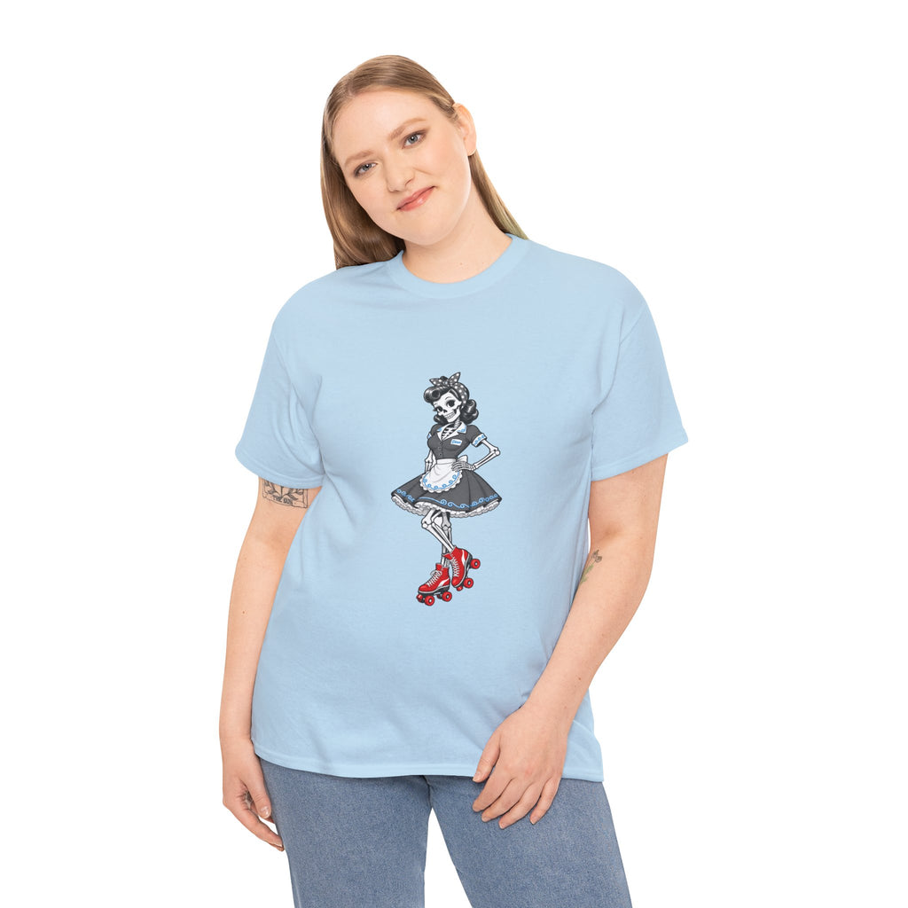 Vintage Gothic Doll T‑Shirt — Red Roller Skate Skeleton Girl Tee