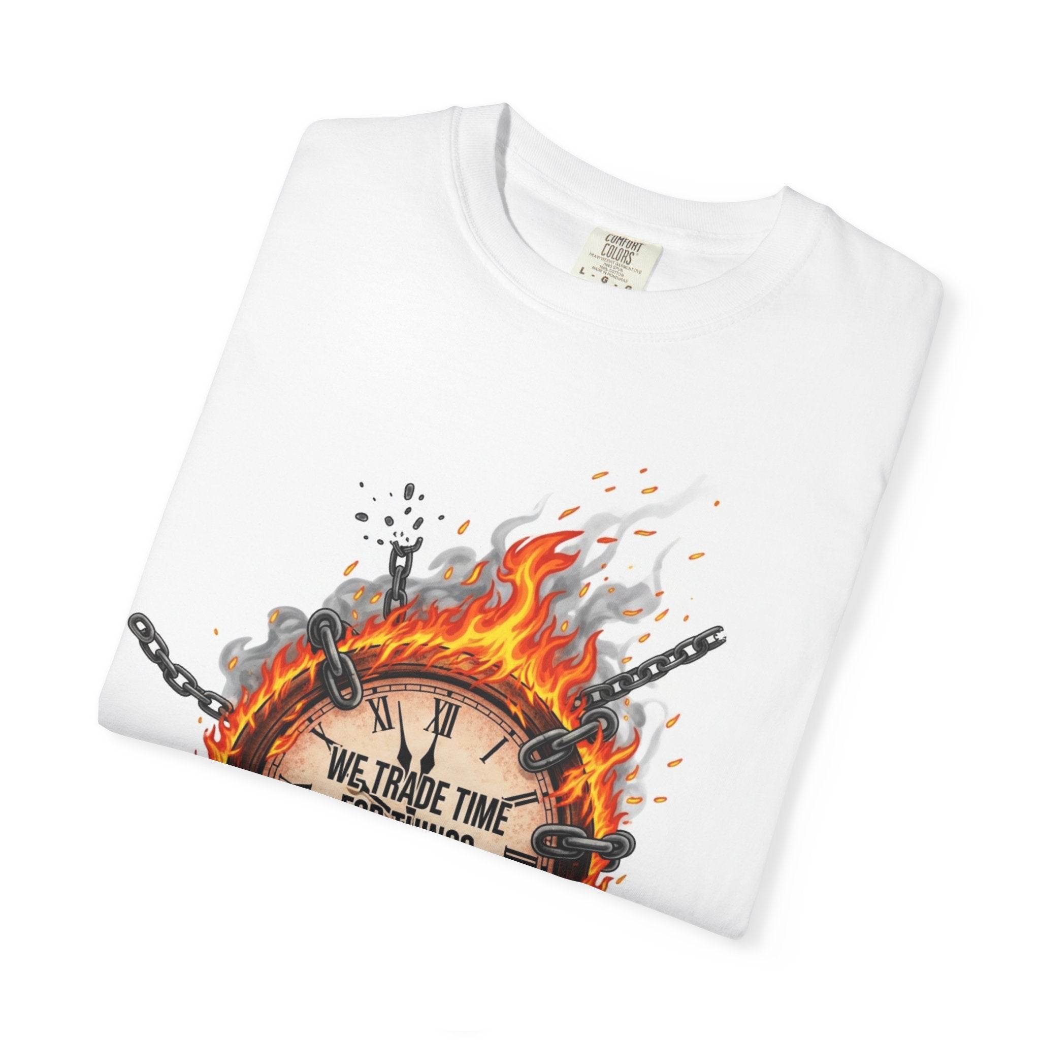 Burning Wheel Graphic T-Shirt — "We Trade Time for Things We Don't Need"