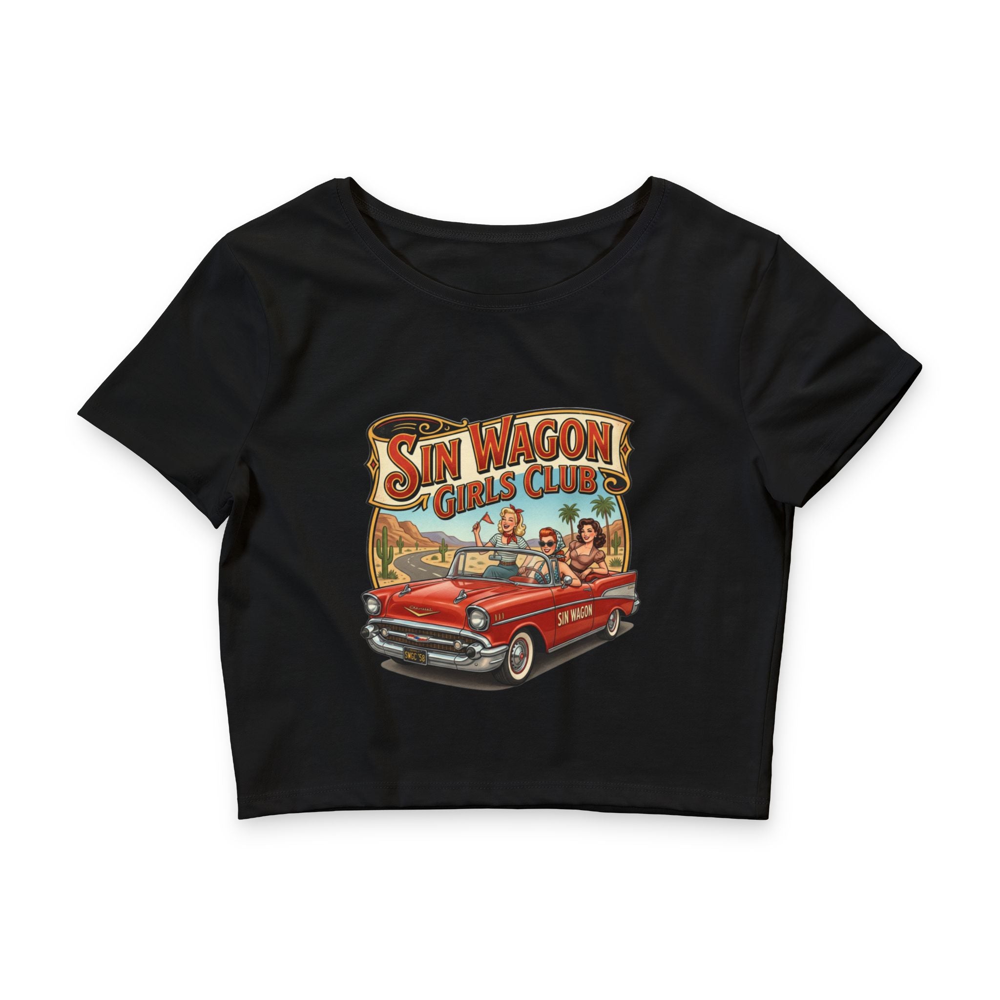 Vintage 'Sin Wagon Girls Club' Crop Tee — Retro Car Pinup Graphic